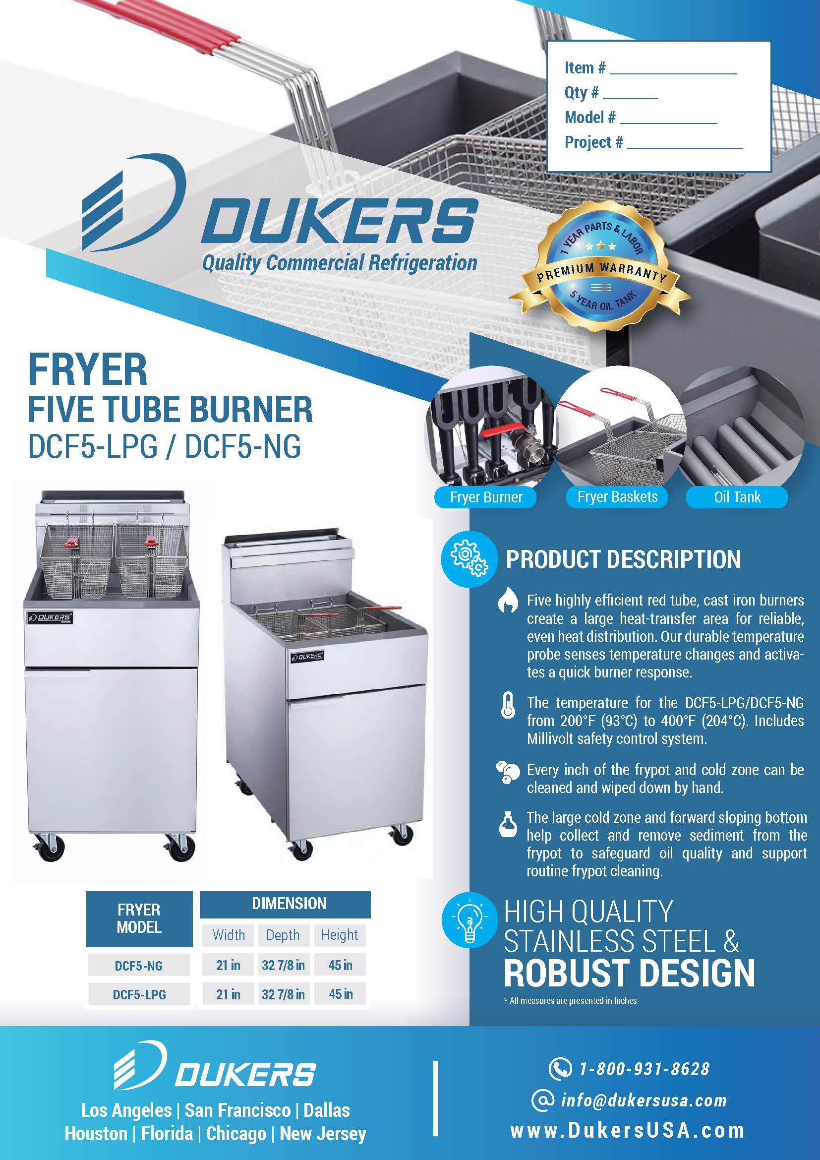 Dukers DCF5-NG 21"W 150K BTU NG Natural Gas Fryer with 5 Tube Burners