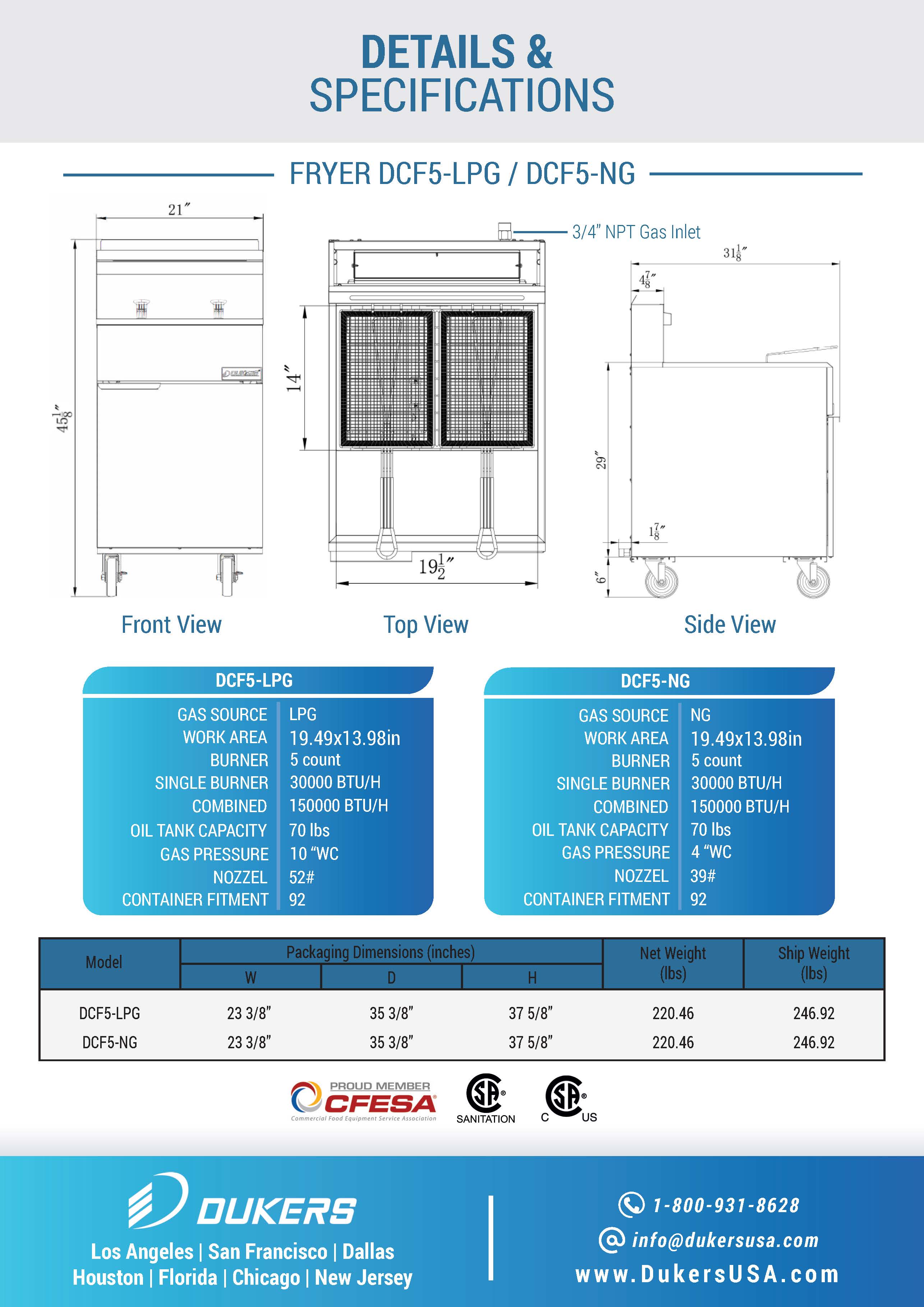 Dukers DCF5-NG 21"W 150K BTU NG Natural Gas Fryer with 5 Tube Burners
