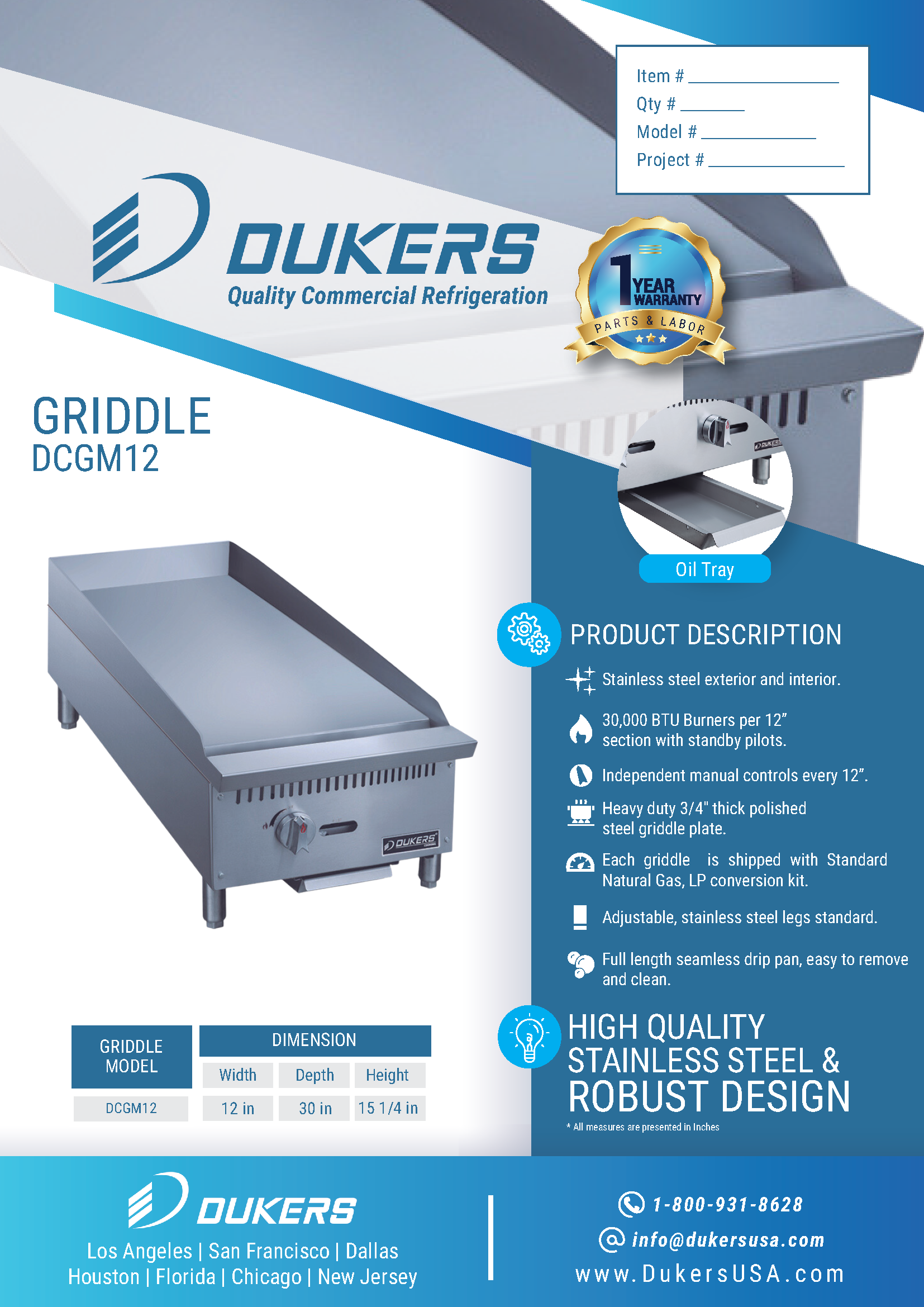 Dukers DCGM12 12"W Standard Duty 3/4" Thick NG/LP Griddle with 1 Burner