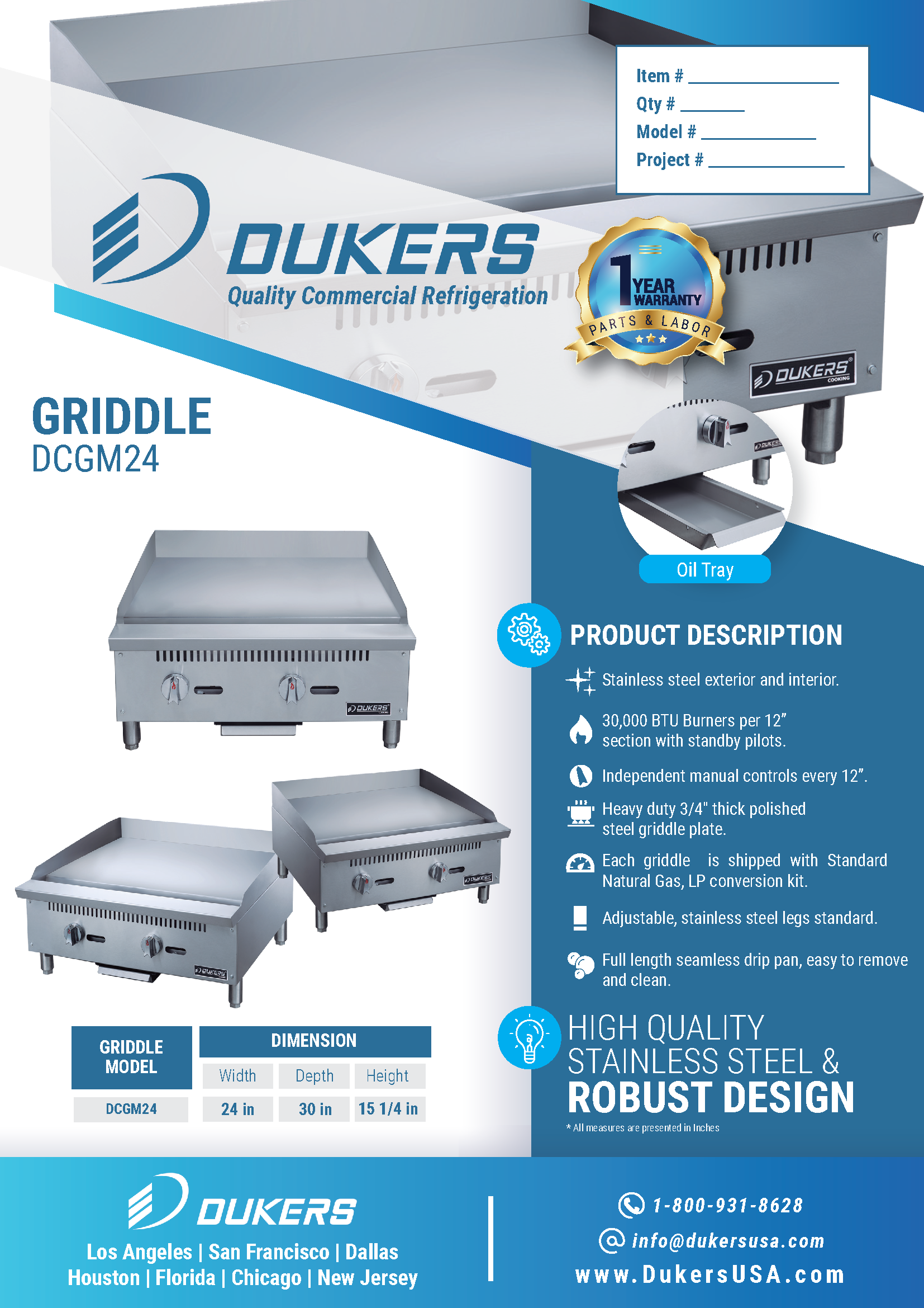 Dukers DCGM24 24"W Standard Duty 3/4" Thick NG/LP Griddle with 2 Burners