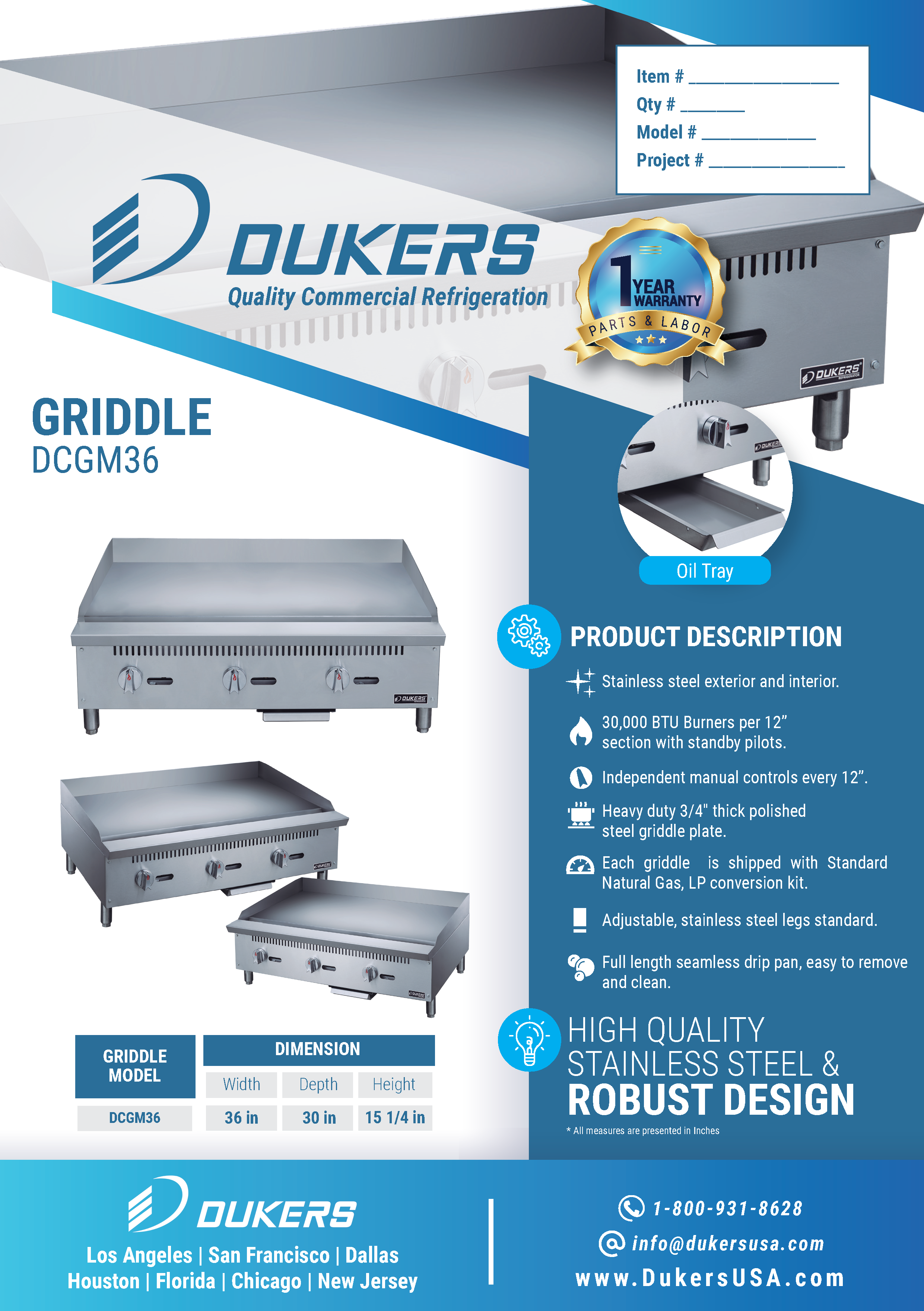 Dukers DCGM36 36"W Standard Duty 3/4" Thick NG/LP Griddle with 3 Burners