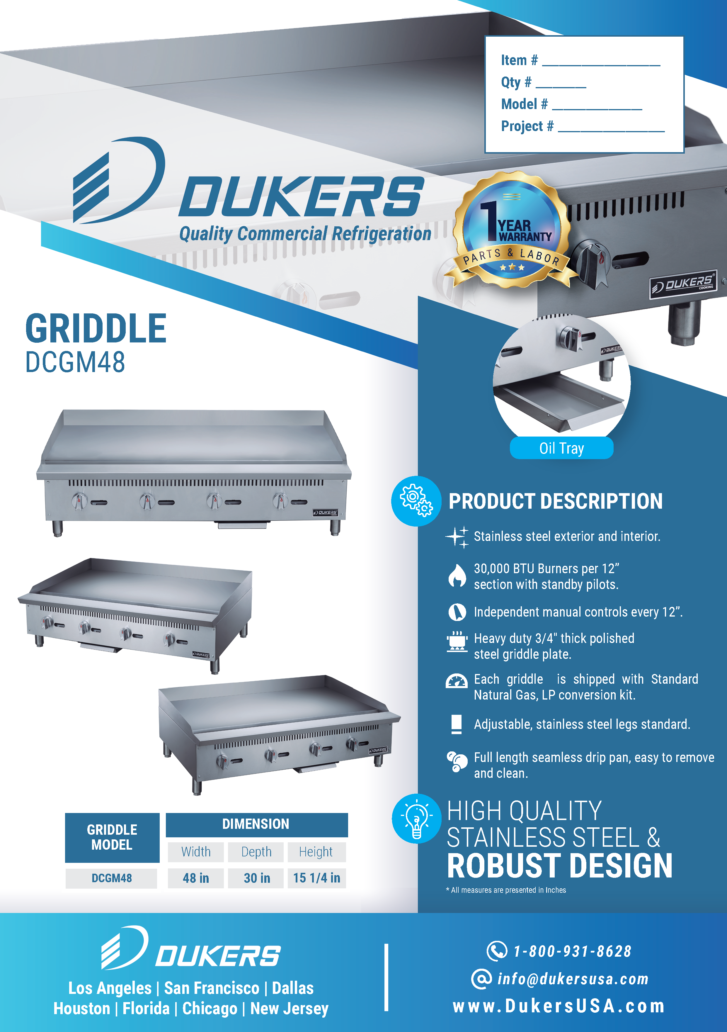 Dukers DCGM48 48"W Standard Duty 3/4" Thick NG/LP Griddle with 2 Burners