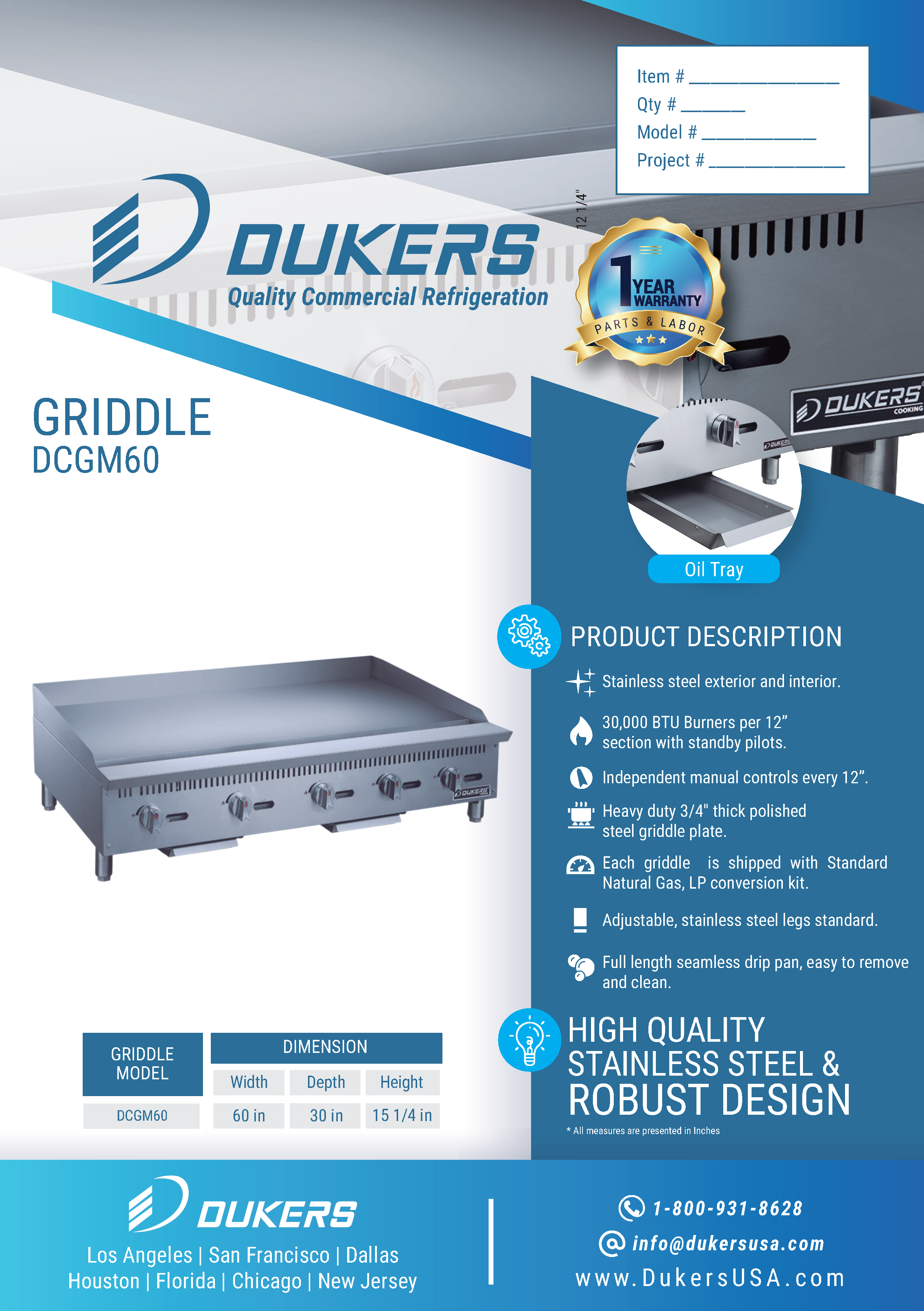 Dukers DCGM60 60"W Standard Duty 3/4" Thick NG/LP Griddle with 5 Burners