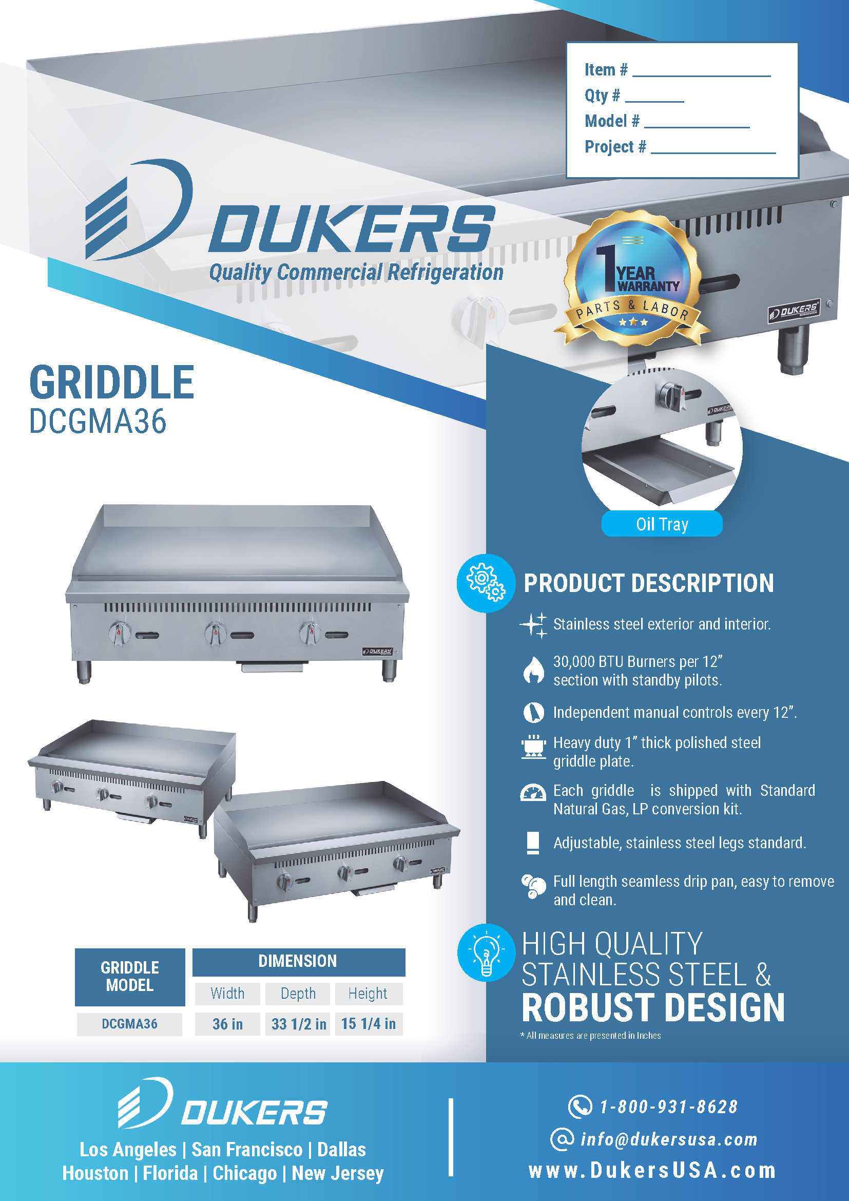 Dukers DCGMA36 36"W Heavy Duty 1" Thick NG/LP Griddle with 3 Burners