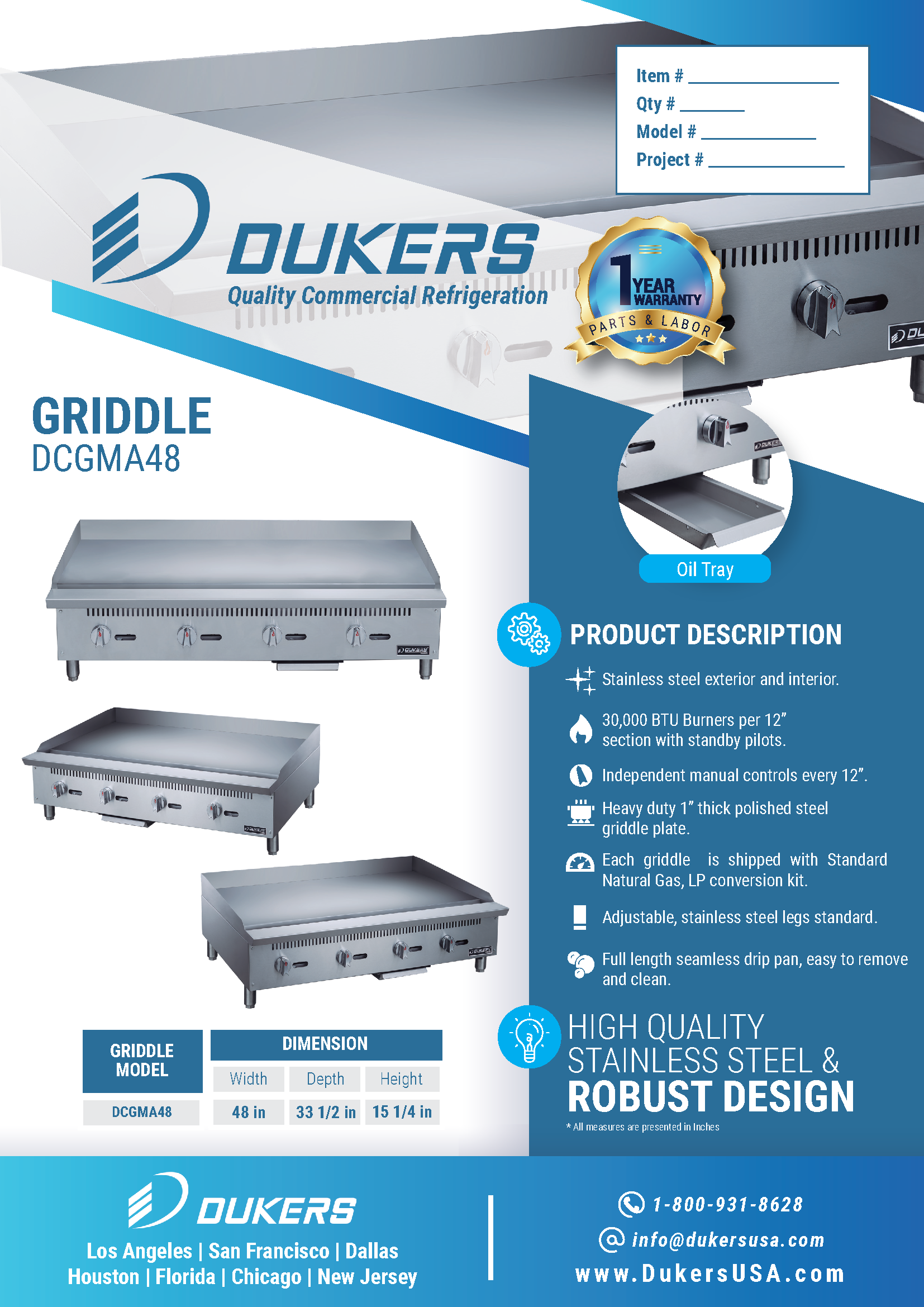 Dukers DCGMA48 48"W Heavy Duty 1" Thick NG/LP Griddle with 4 Burners