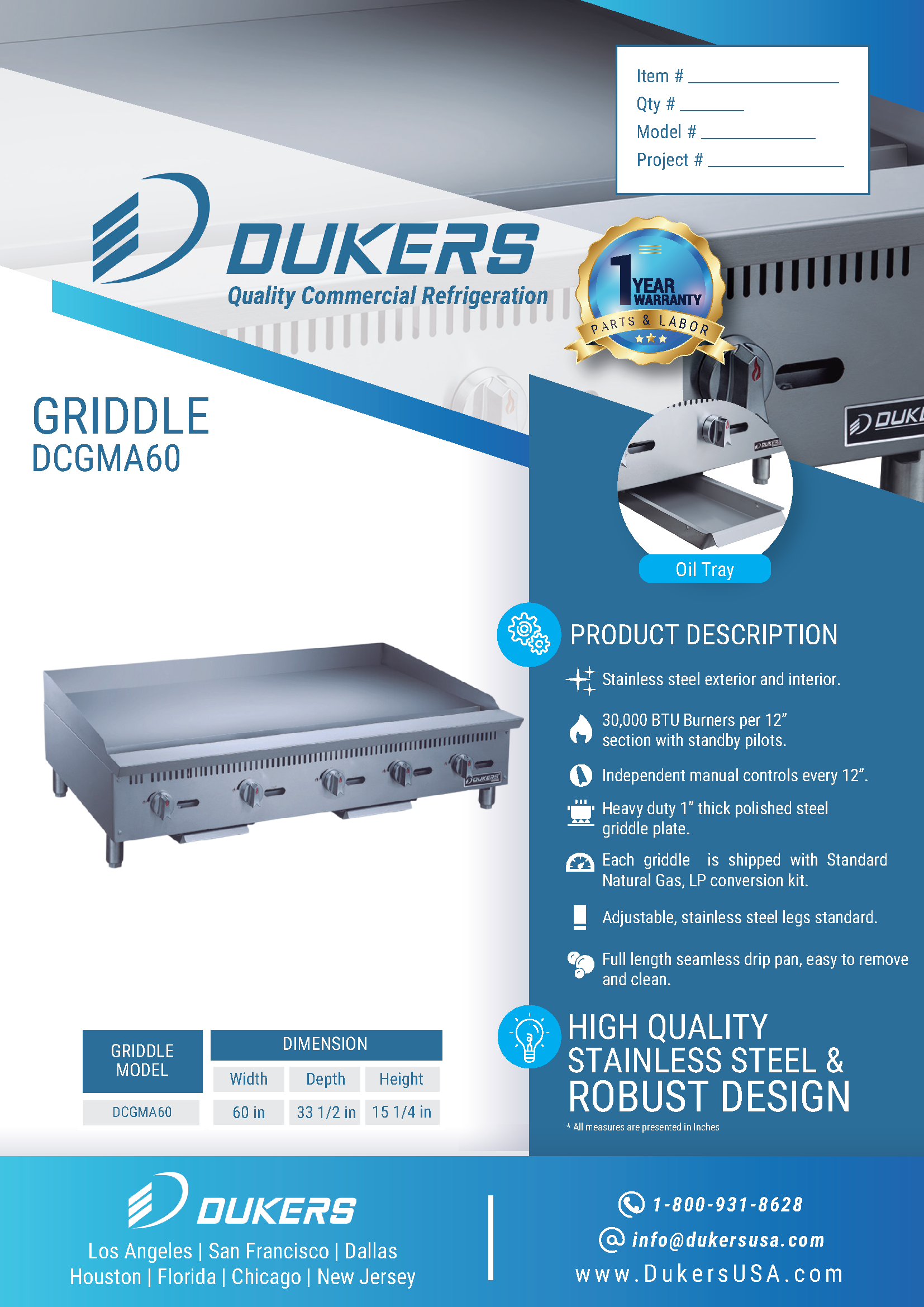 Dukers DCGMA60 60"W Heavy Duty 1" Thick NG/LP Griddle with 5 Burners