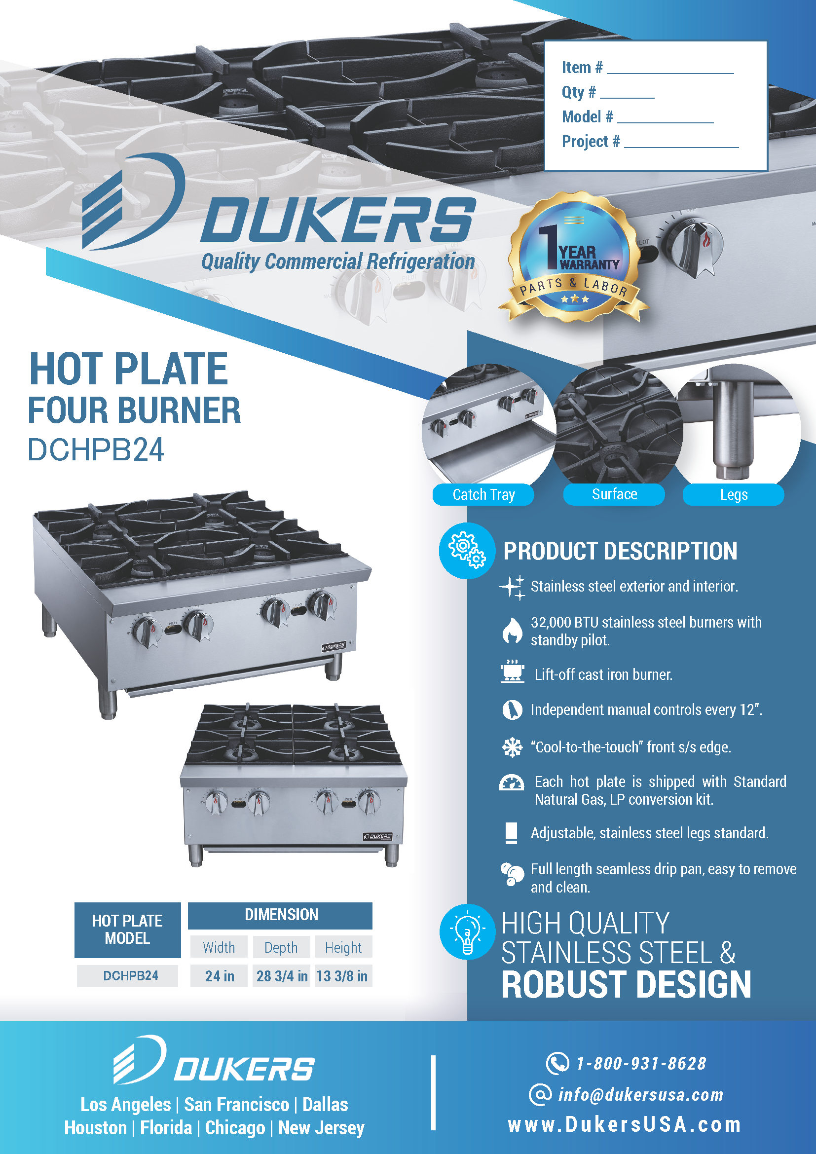 Dukers DCHPB24 24"W NG/LP Hot Plate with 4 Burners