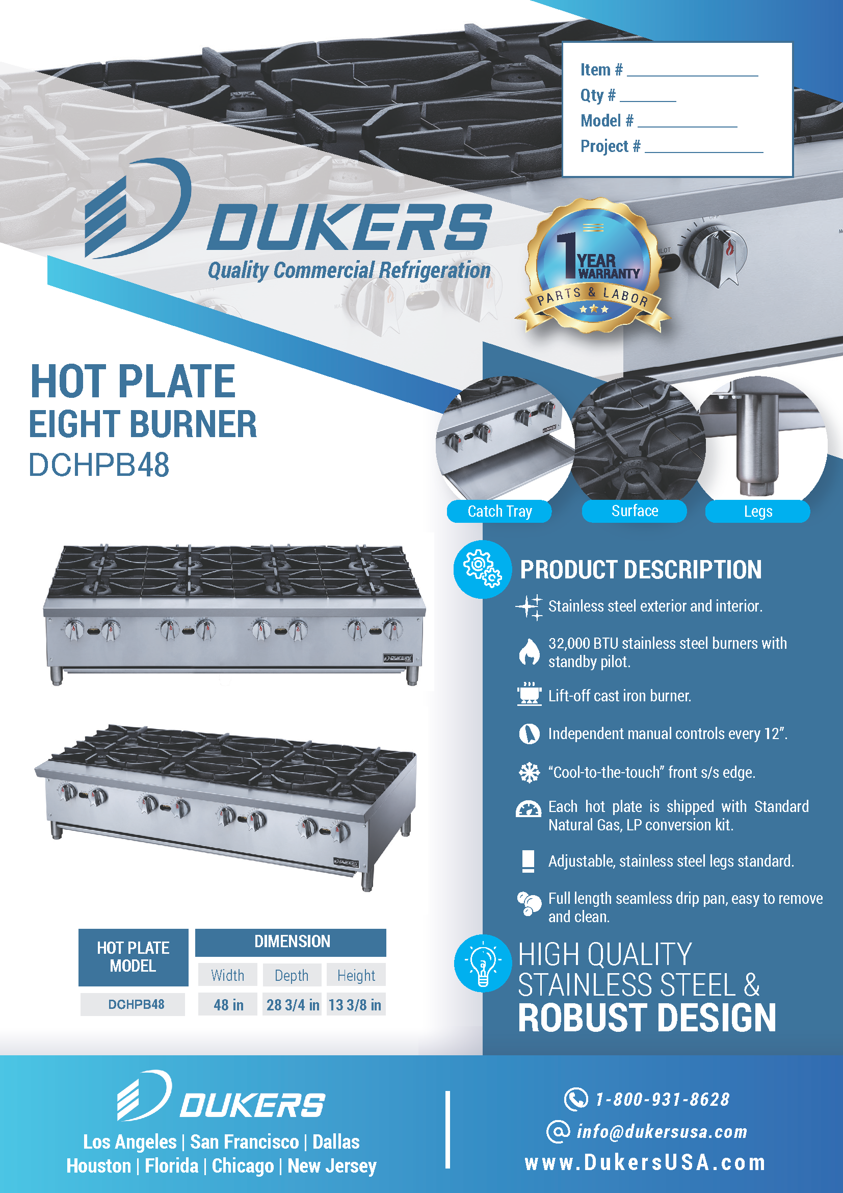 Dukers DCHPB48 48"W NG/LP Hot Plate with 8 Burners