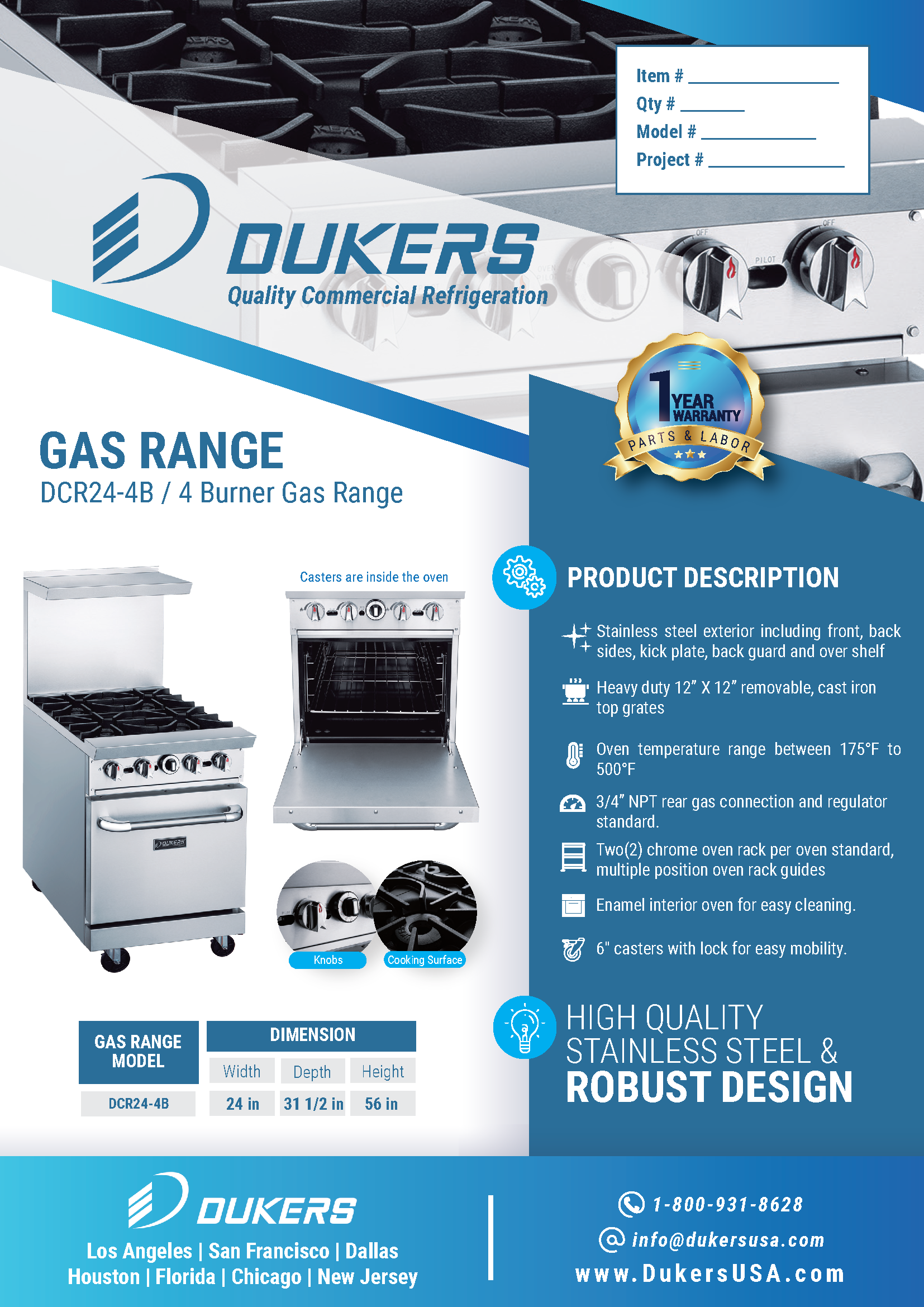 Dukers DCR24-4B 24"W NG/LP Range with 4 Open Burners