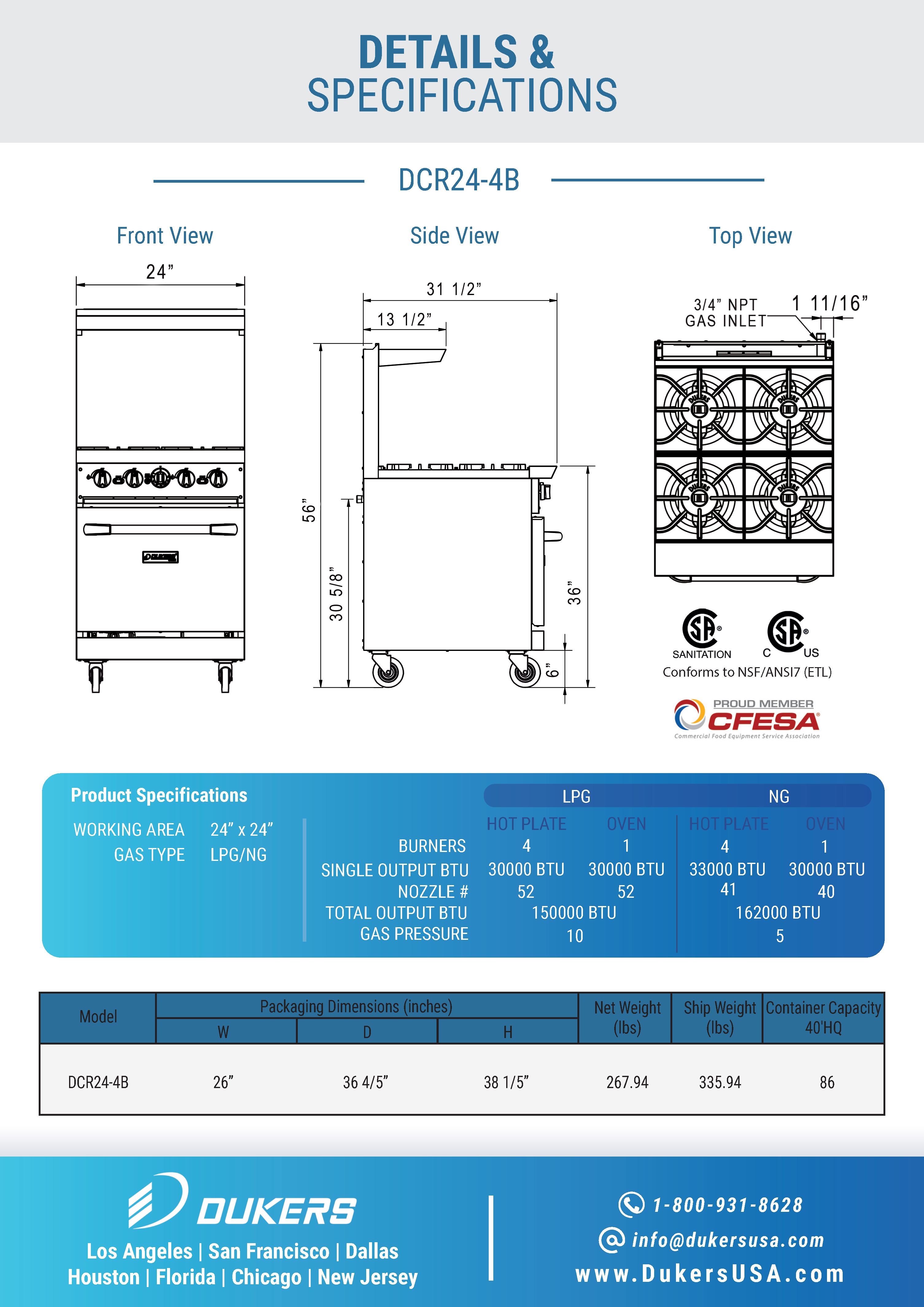 Dukers DCR24-4B 24"W NG/LP Range with 4 Open Burners