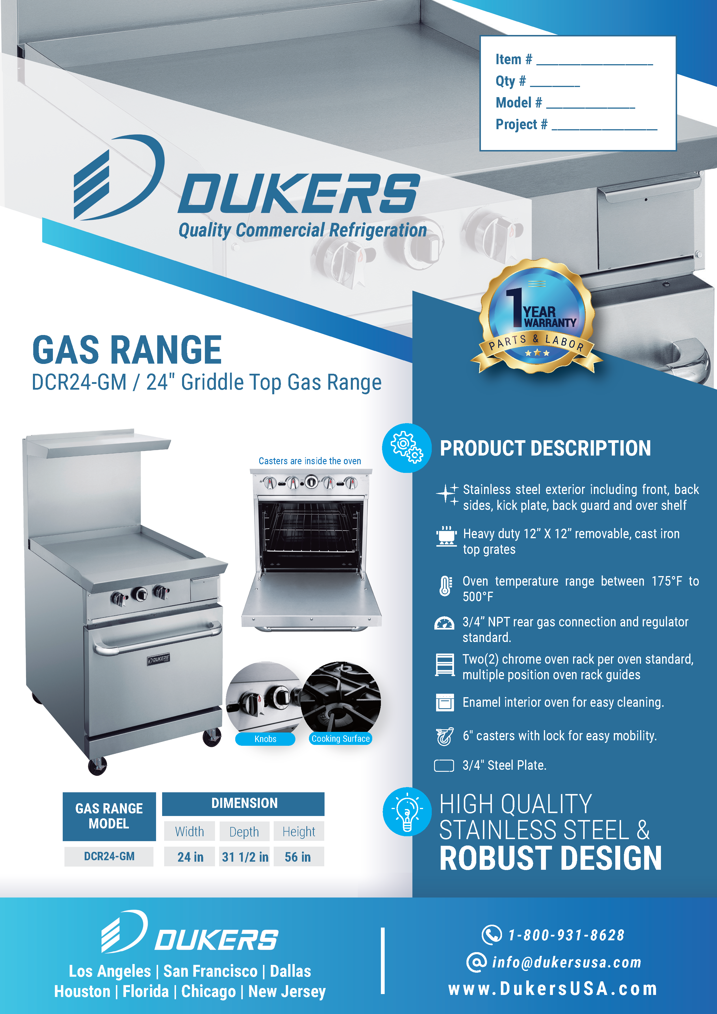 Dukers DCR24-GM 24"W NG/LP Range with 24"W Griddle