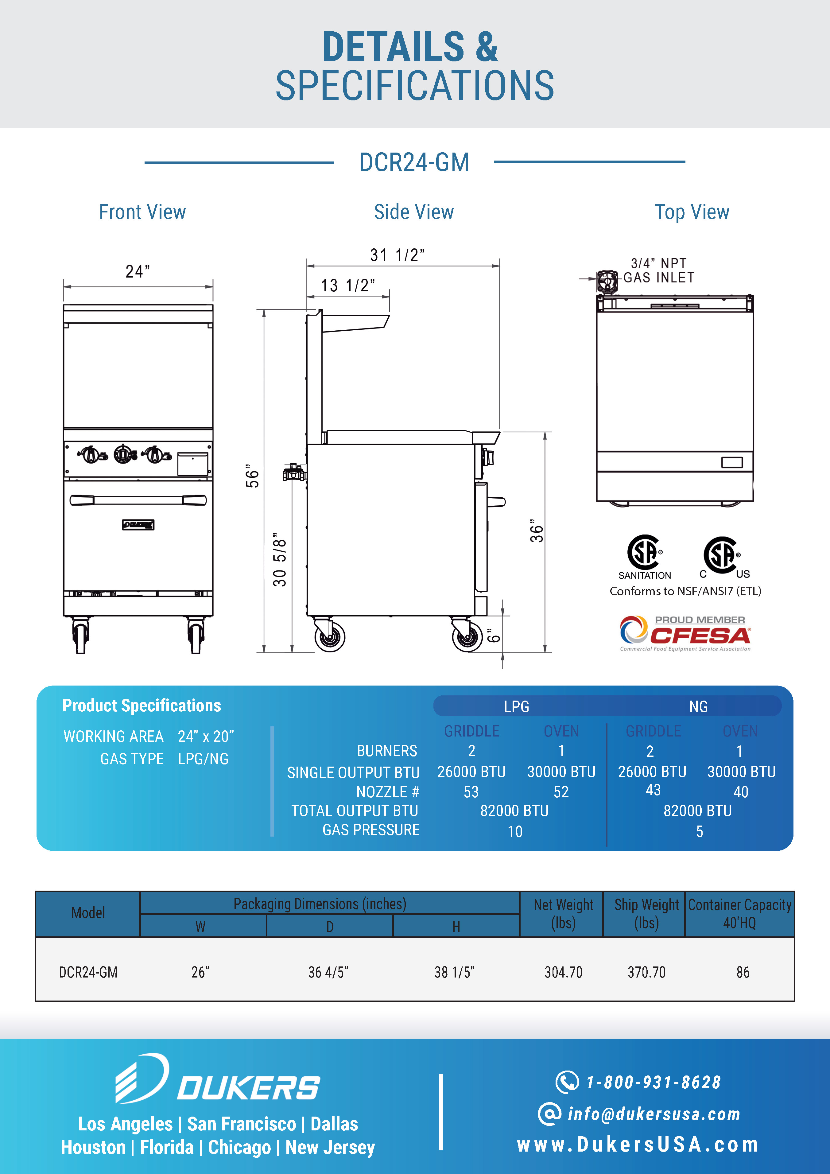 Dukers DCR24-GM 24"W NG/LP Range with 24"W Griddle