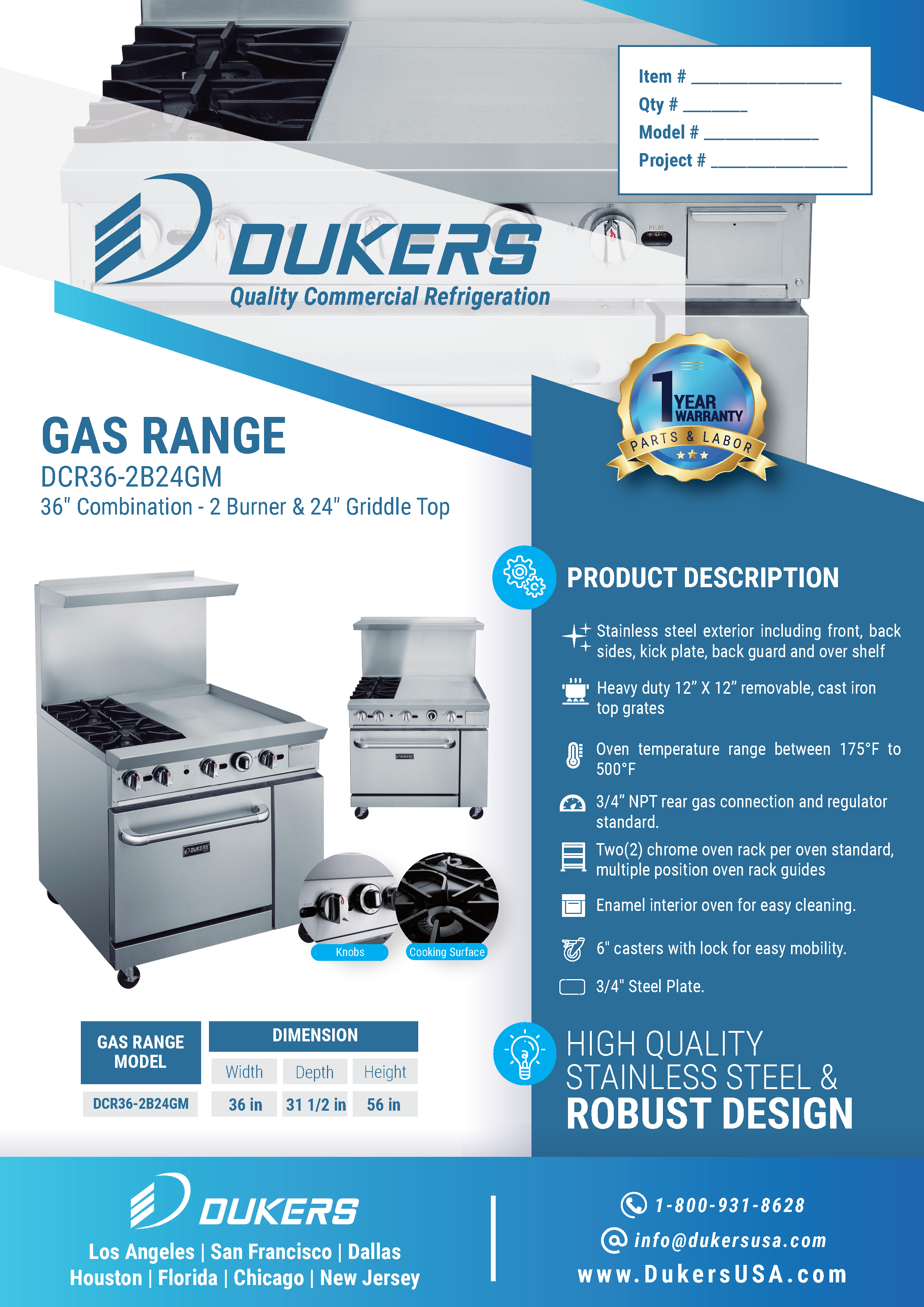 Dukers DCR36-2B24GM 36"W NG/LP Range with 2 Open Burners & 24"W Griddle