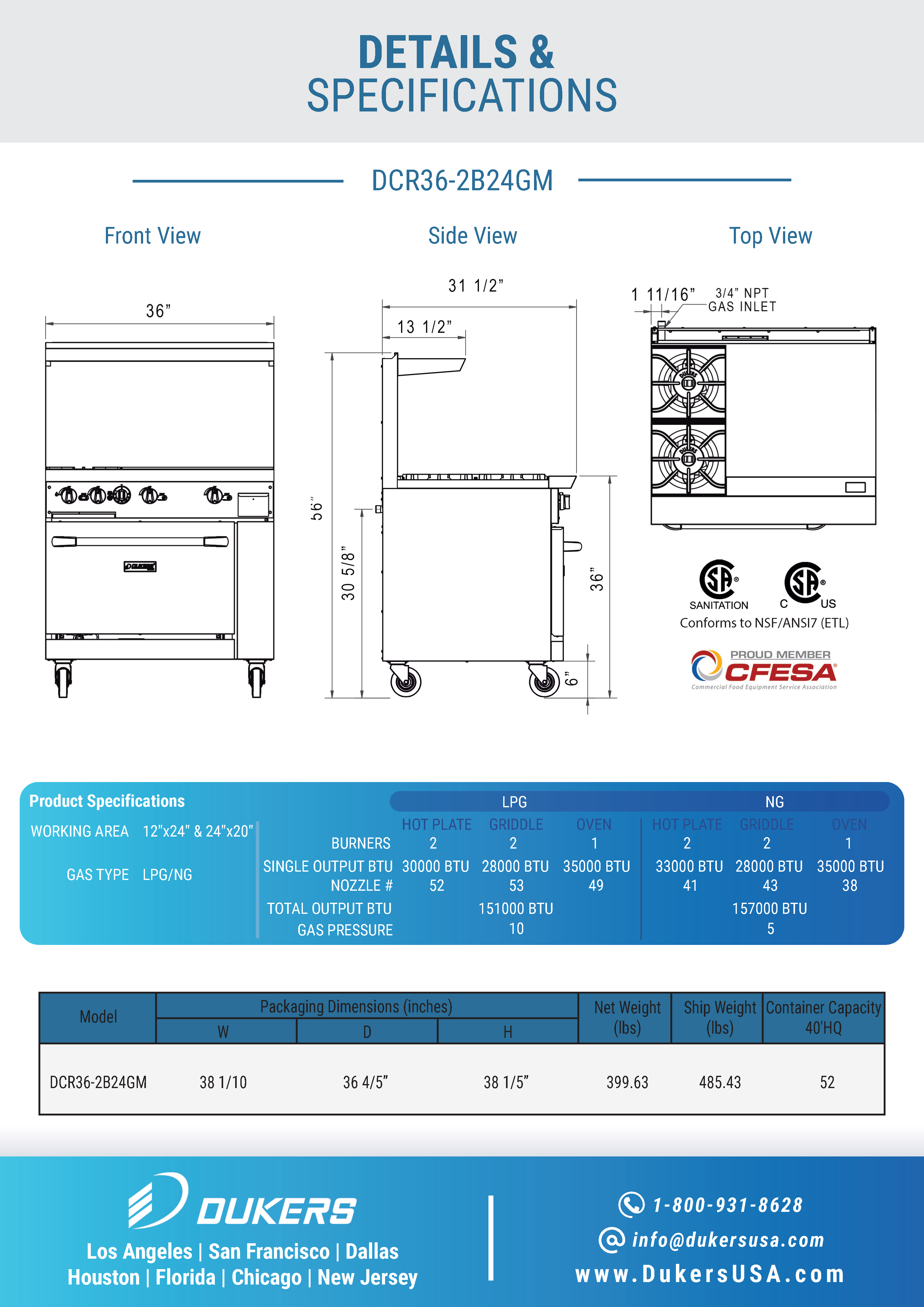 Dukers DCR36-2B24GM 36"W NG/LP Range with 2 Open Burners & 24"W Griddle