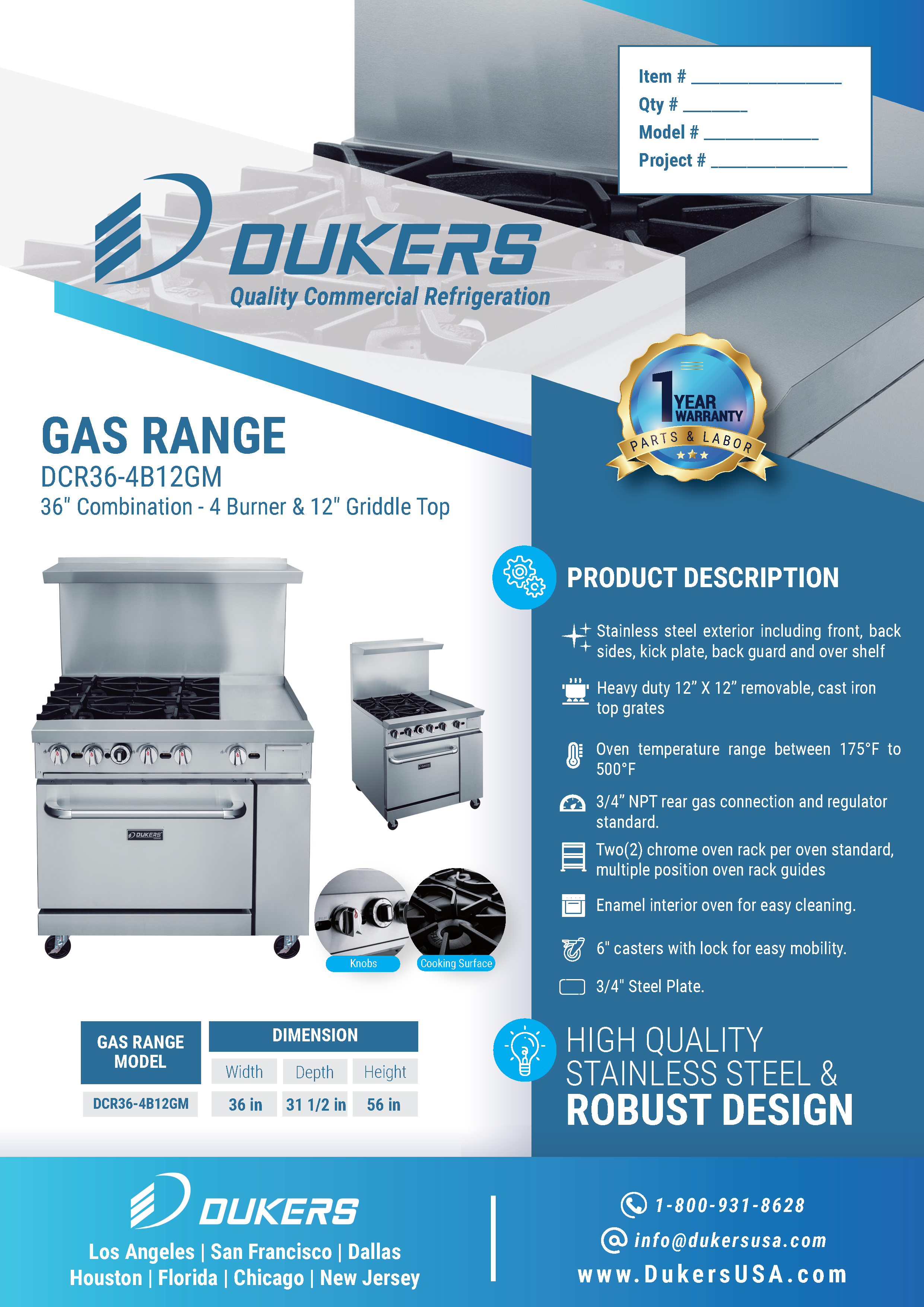 Dukers DCR36-4B12GM 36"W NG/LP Range with 4 Open Burners & 12"W Griddle