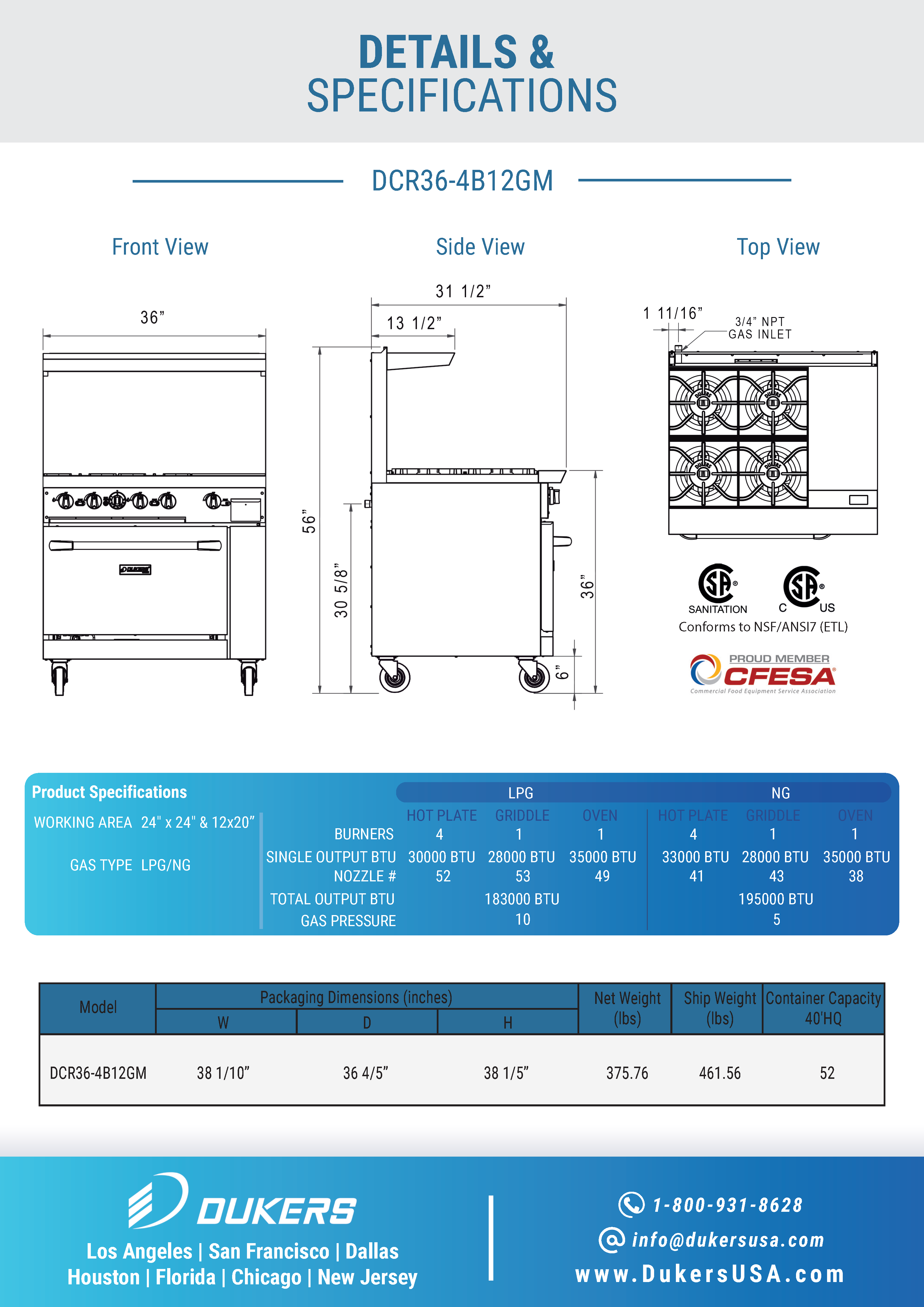 Dukers DCR36-4B12GM 36"W NG/LP Range with 4 Open Burners & 12"W Griddle