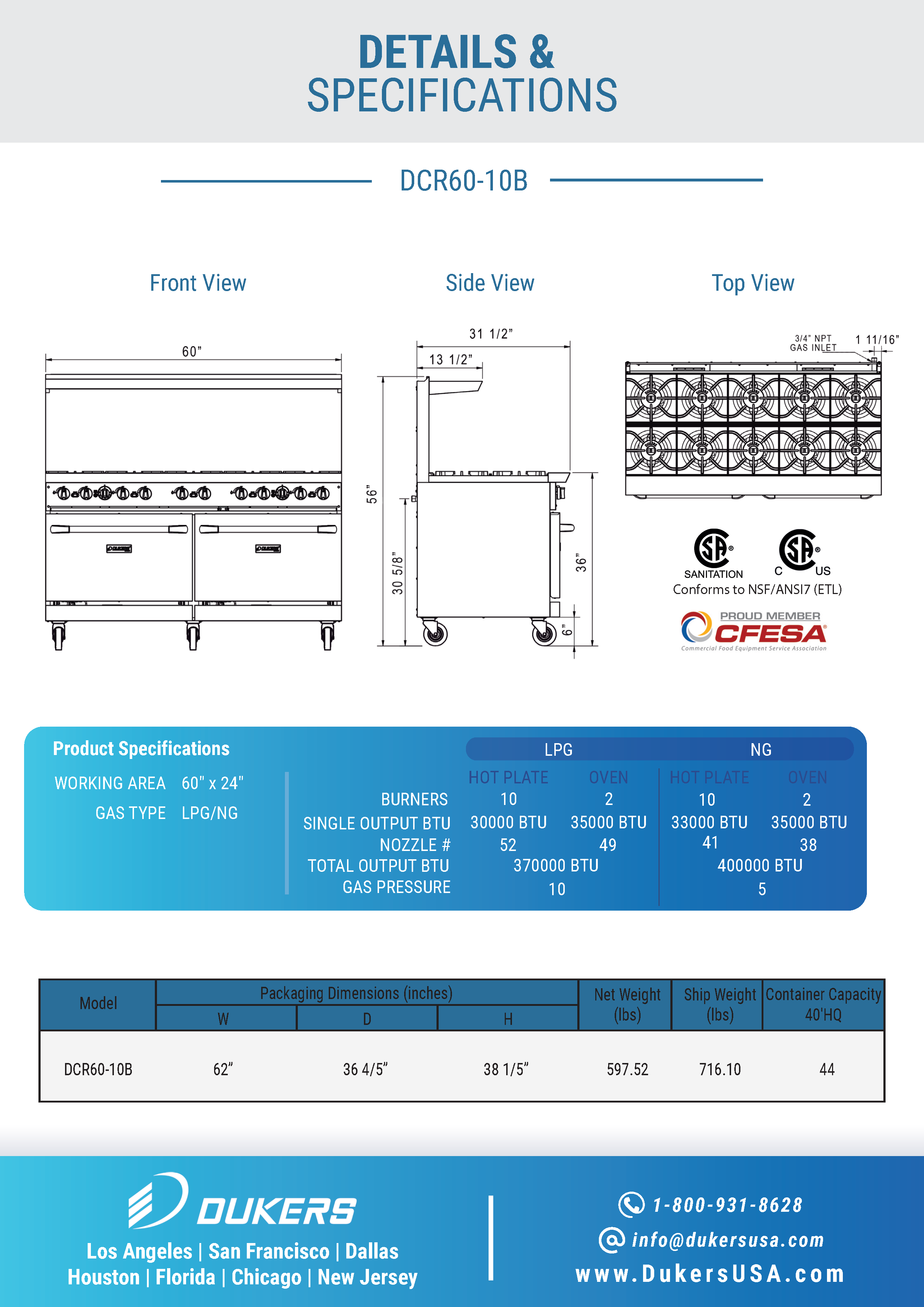Dukers DCR60-10B 60"W NG/LP Range with 10 Open Burners