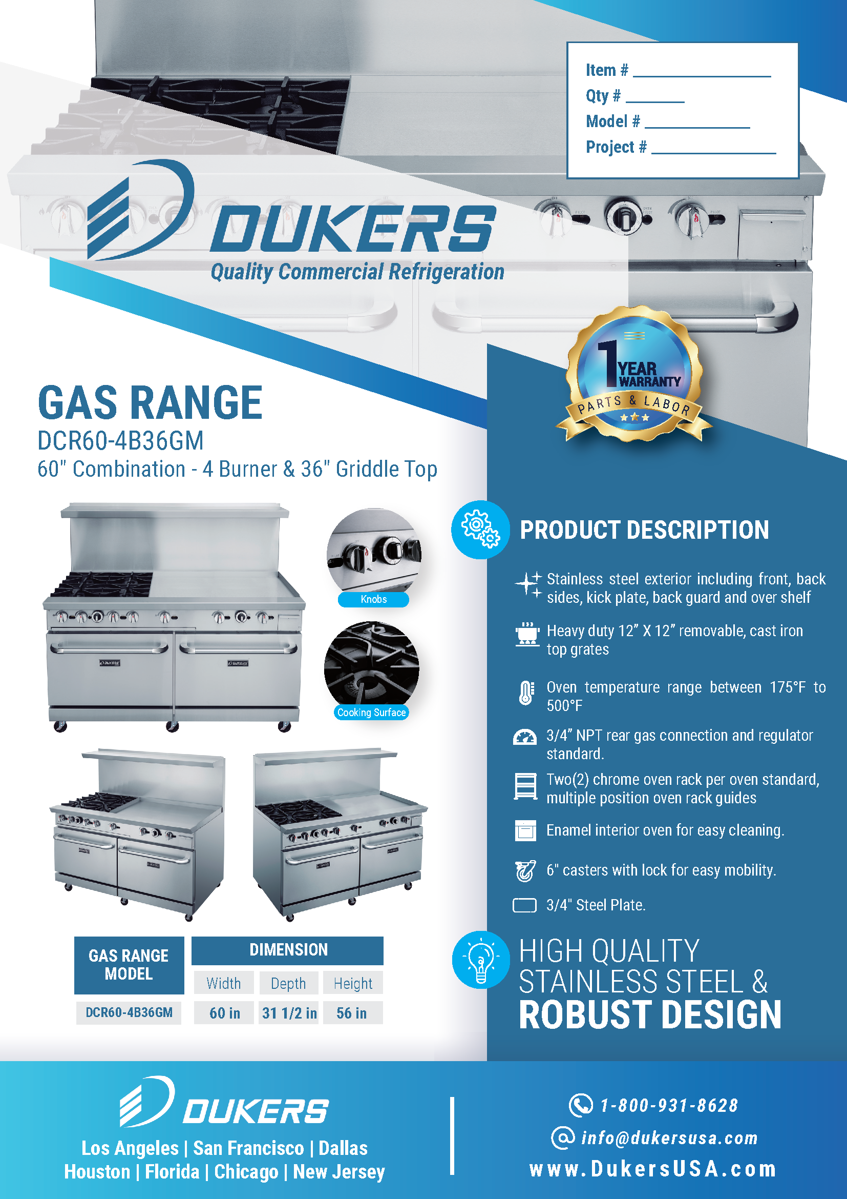 Dukers DCR60-4B36GM 60"W NG/LP Range with 4 Open Burners & 36"W Griddle