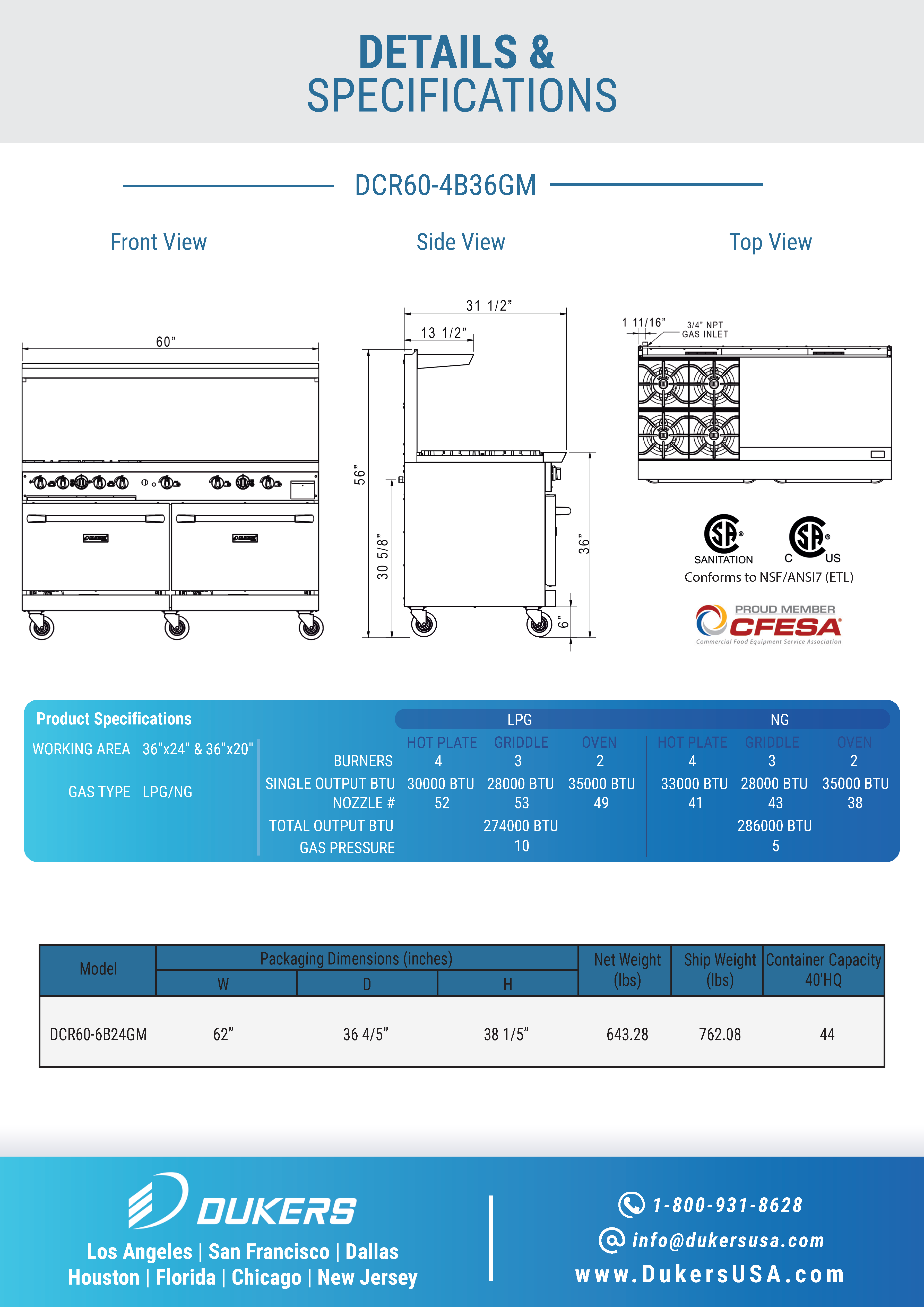 Dukers DCR60-4B36GM 60"W NG/LP Range with 4 Open Burners & 36"W Griddle