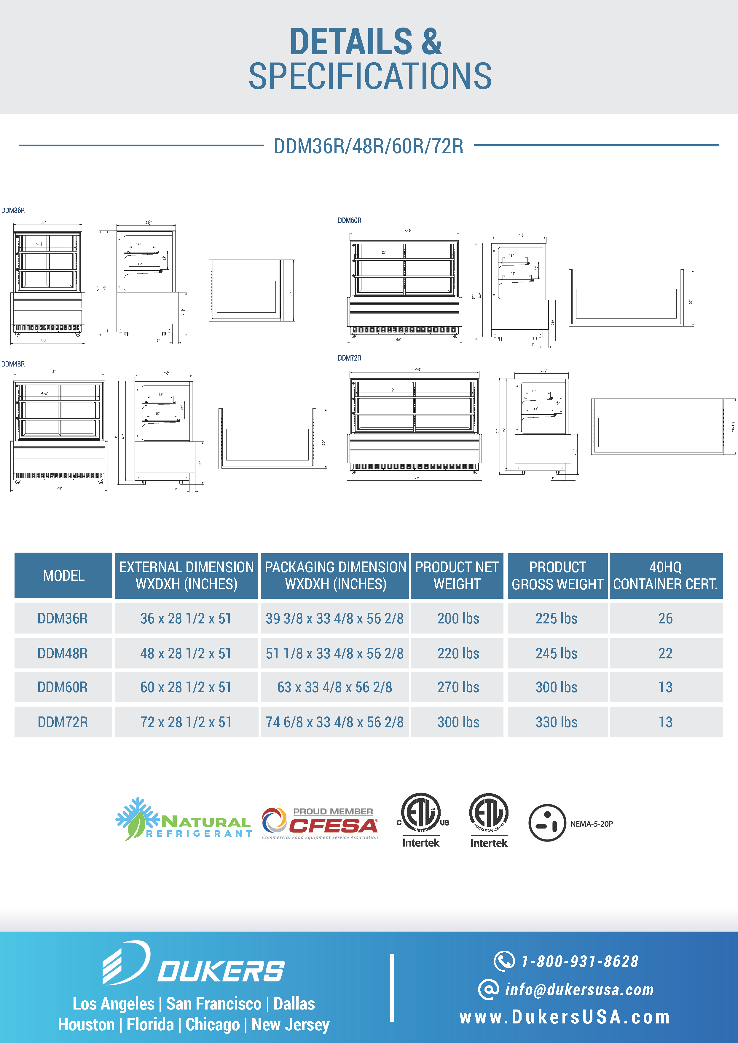 Dukers DDM72R - 72"W Straight Glass Refrigerated Bakery Case