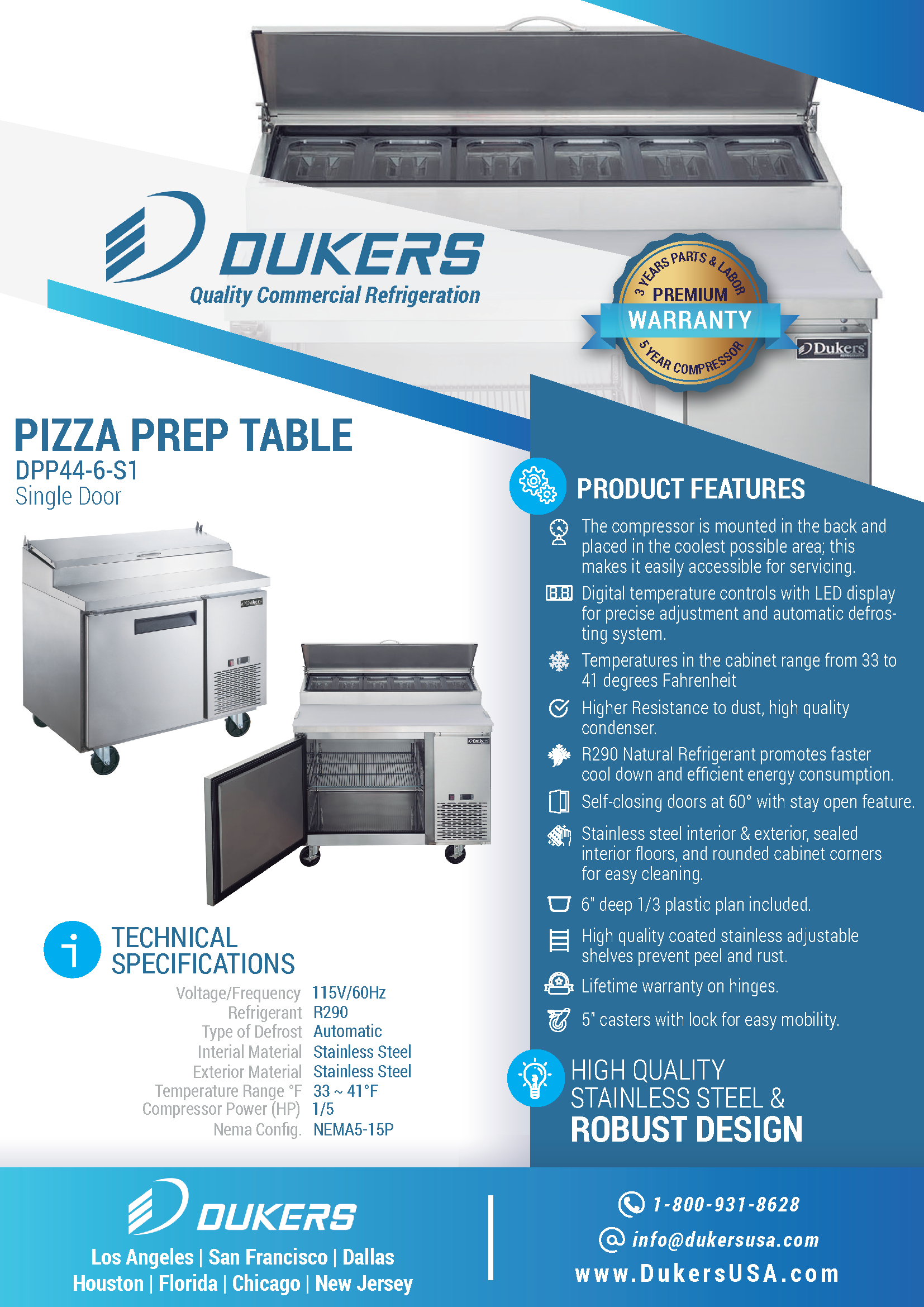 Dukers DPP44-6-S1 44"W Single Door Refrigerated Pizza Prep Table