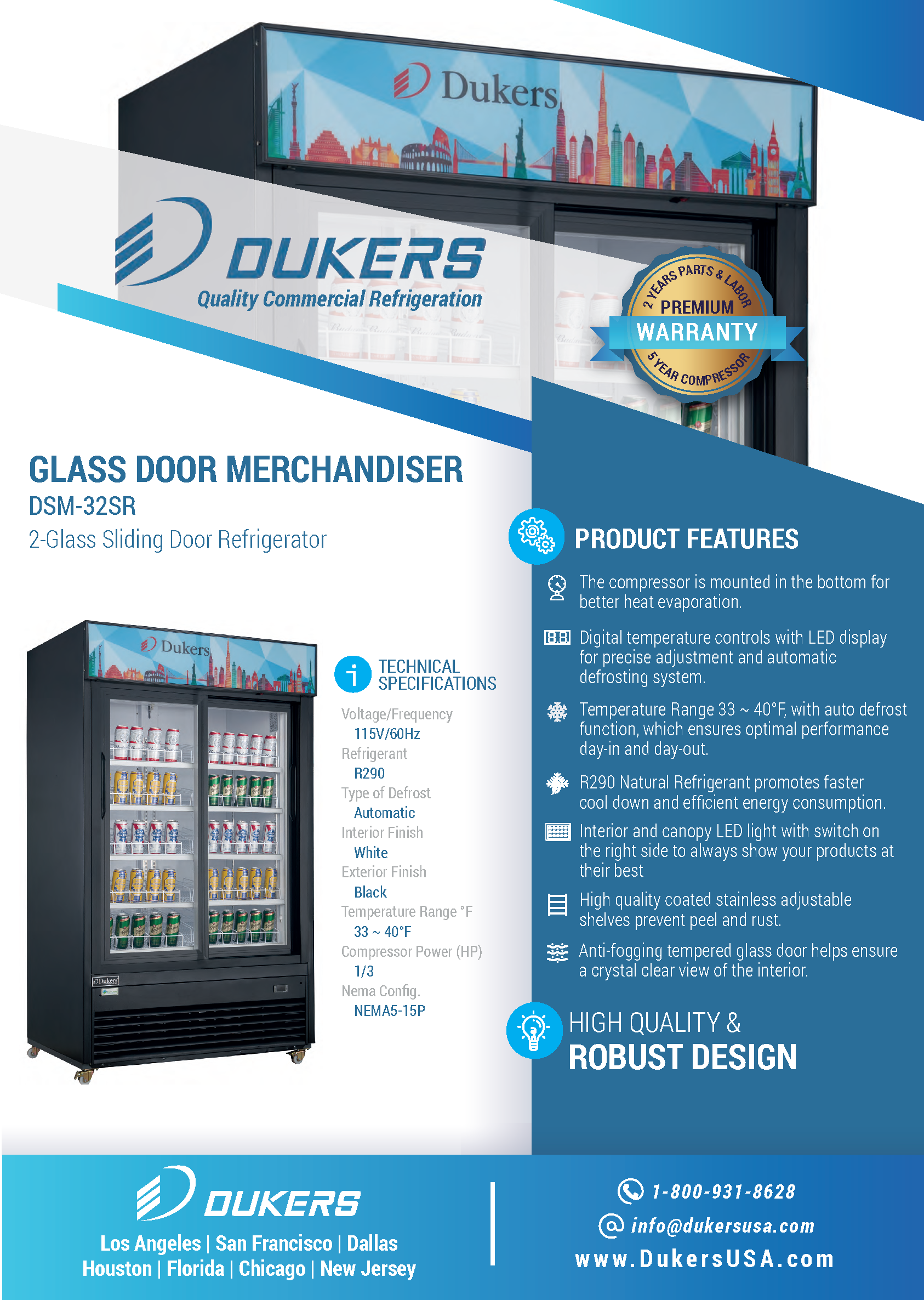 Dukers DSM-32SR 39-3/8"W Sliding 2 Door Glass Merchandiser Refrigerator