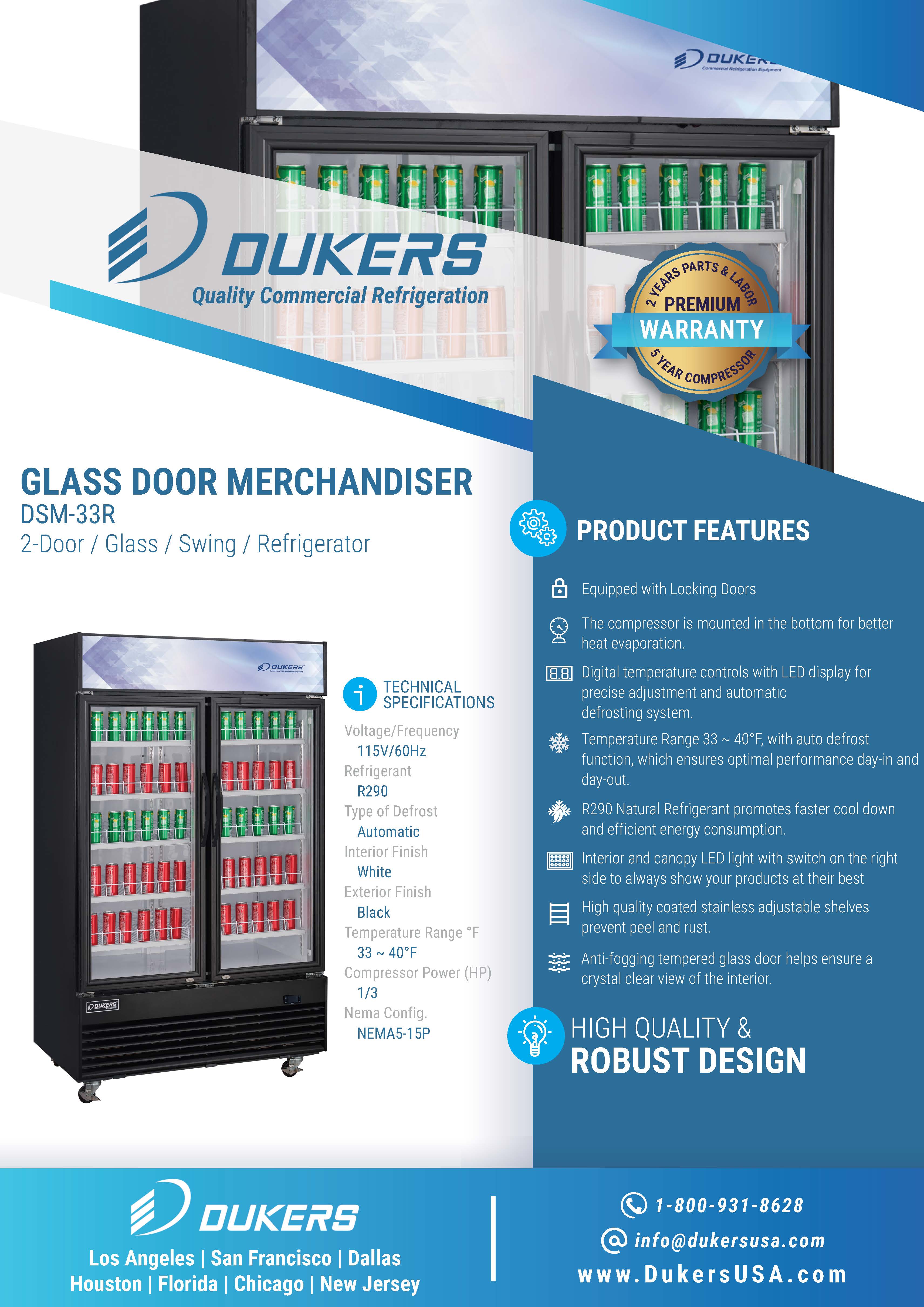Dukers DSM-33R 39-3/8"W Swinging 2 Door Glass Merchandiser Refrigerator