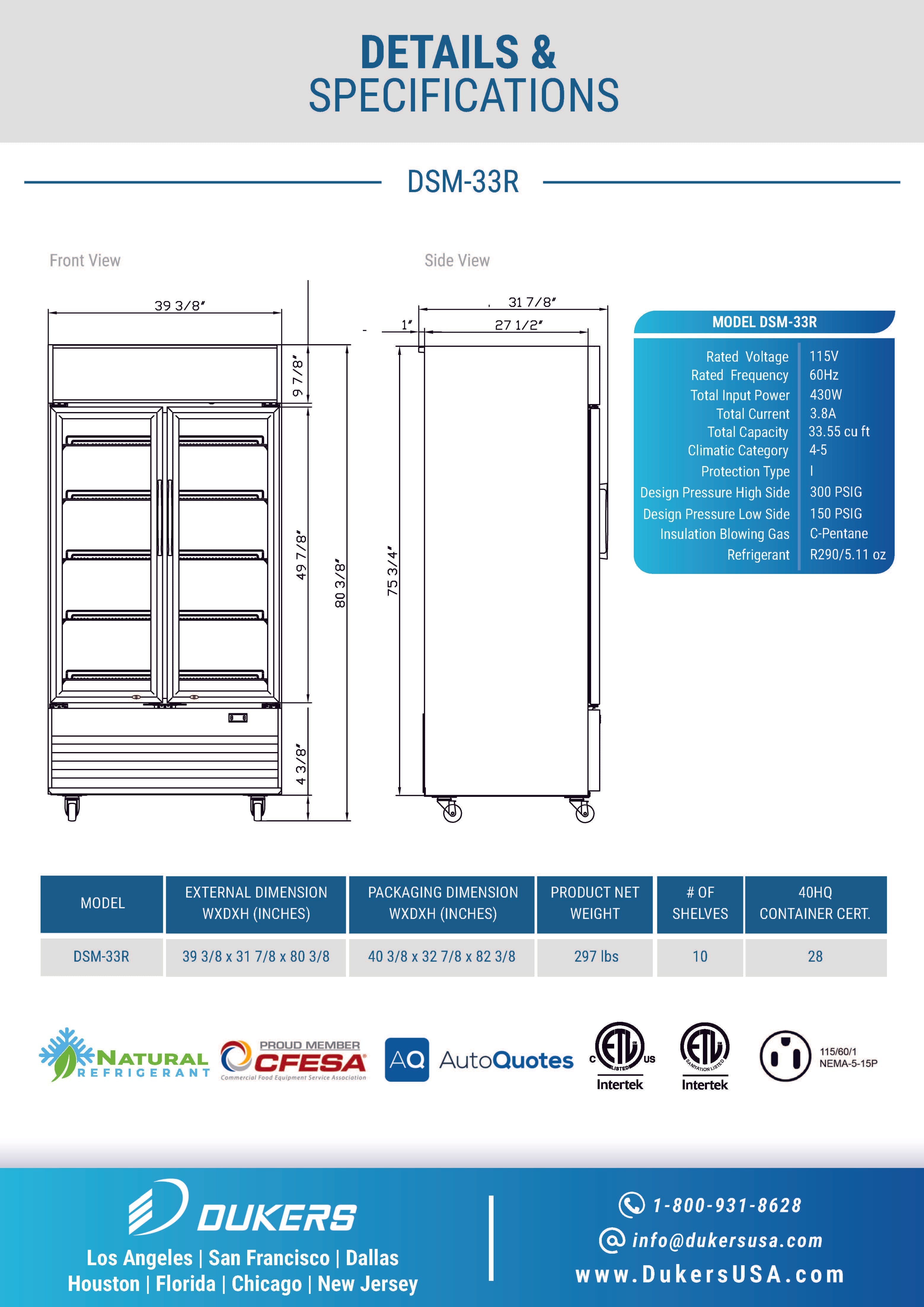 Dukers DSM-33R 39-3/8"W Swinging 2 Door Glass Merchandiser Refrigerator