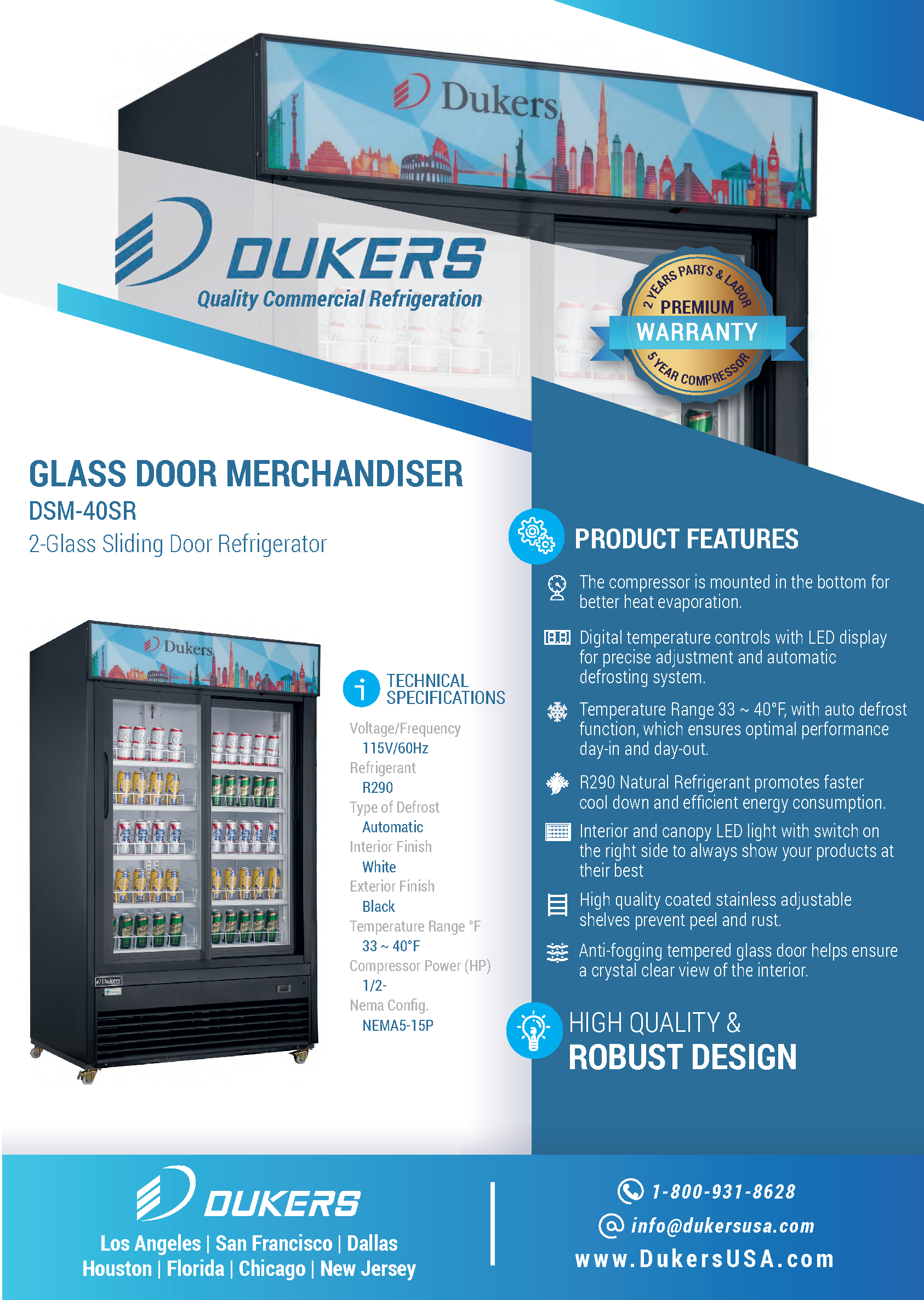 Dukers DSM-40SR 47-1/4"W Sliding 2 Door Glass Merchandiser Refrigerator