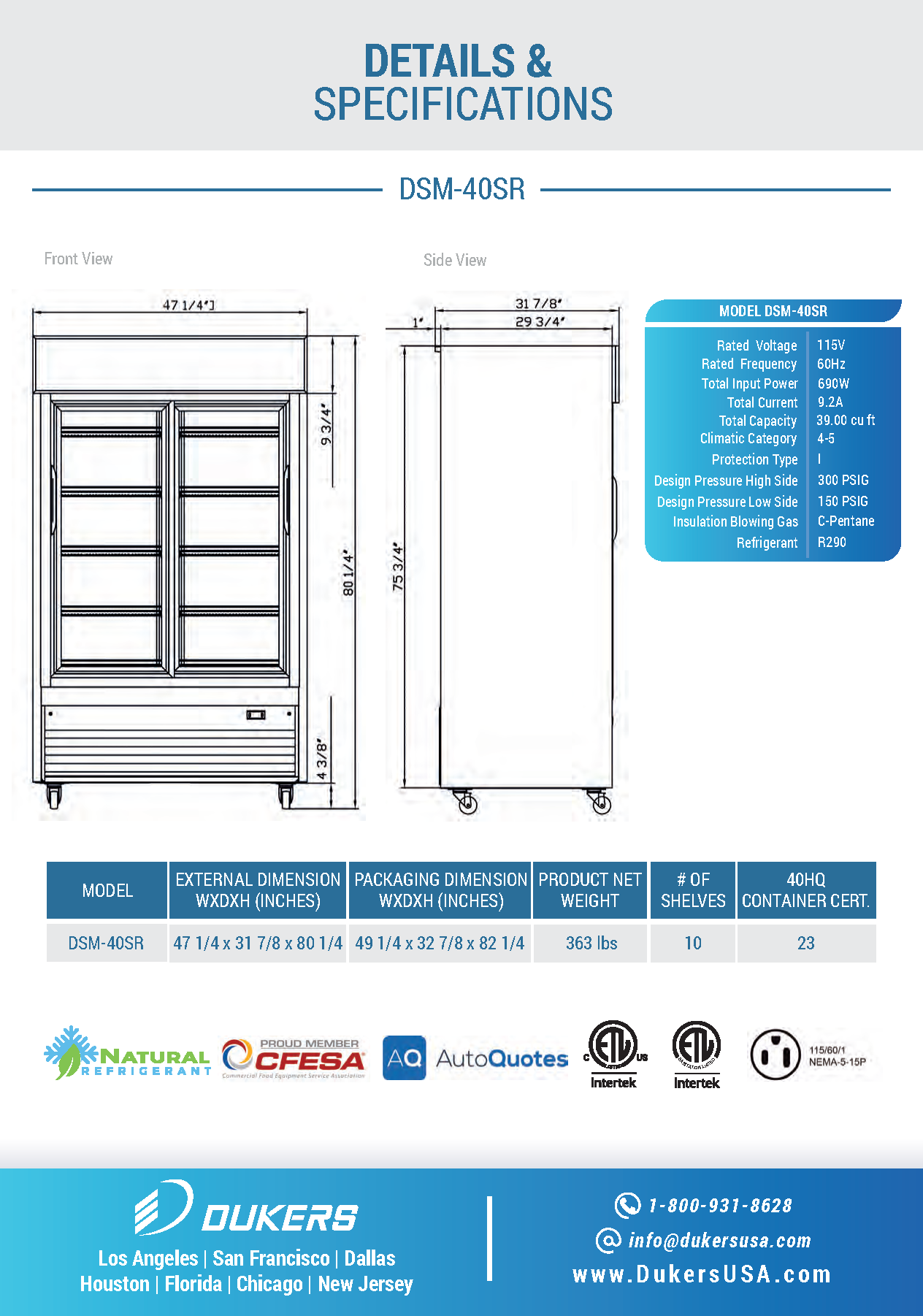 Dukers DSM-40SR 47-1/4"W Sliding 2 Door Glass Merchandiser Refrigerator