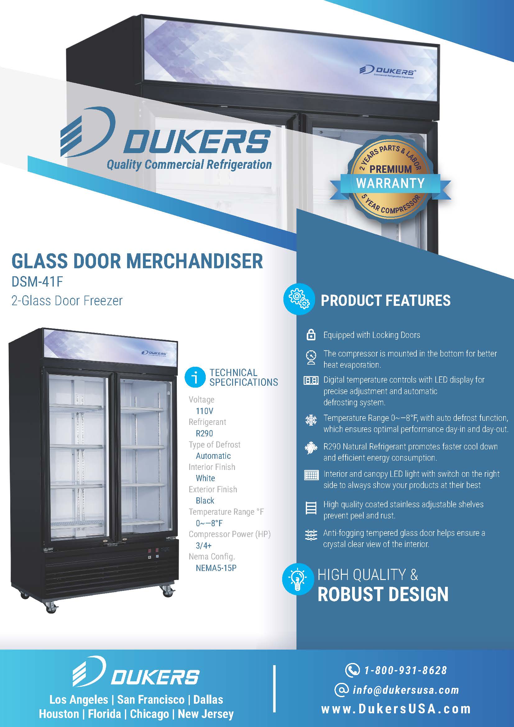 Dukers DSM-41F 47-1/4"W Swinging 2 Door Glass Merchandiser Freezer