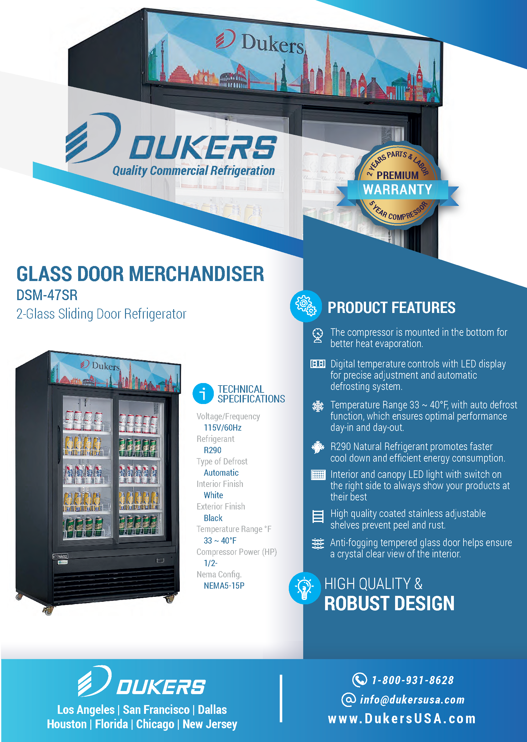 Dukers DSM-47SR 54-1/8"W Sliding 2 Door Glass Merchandiser Refrigerator
