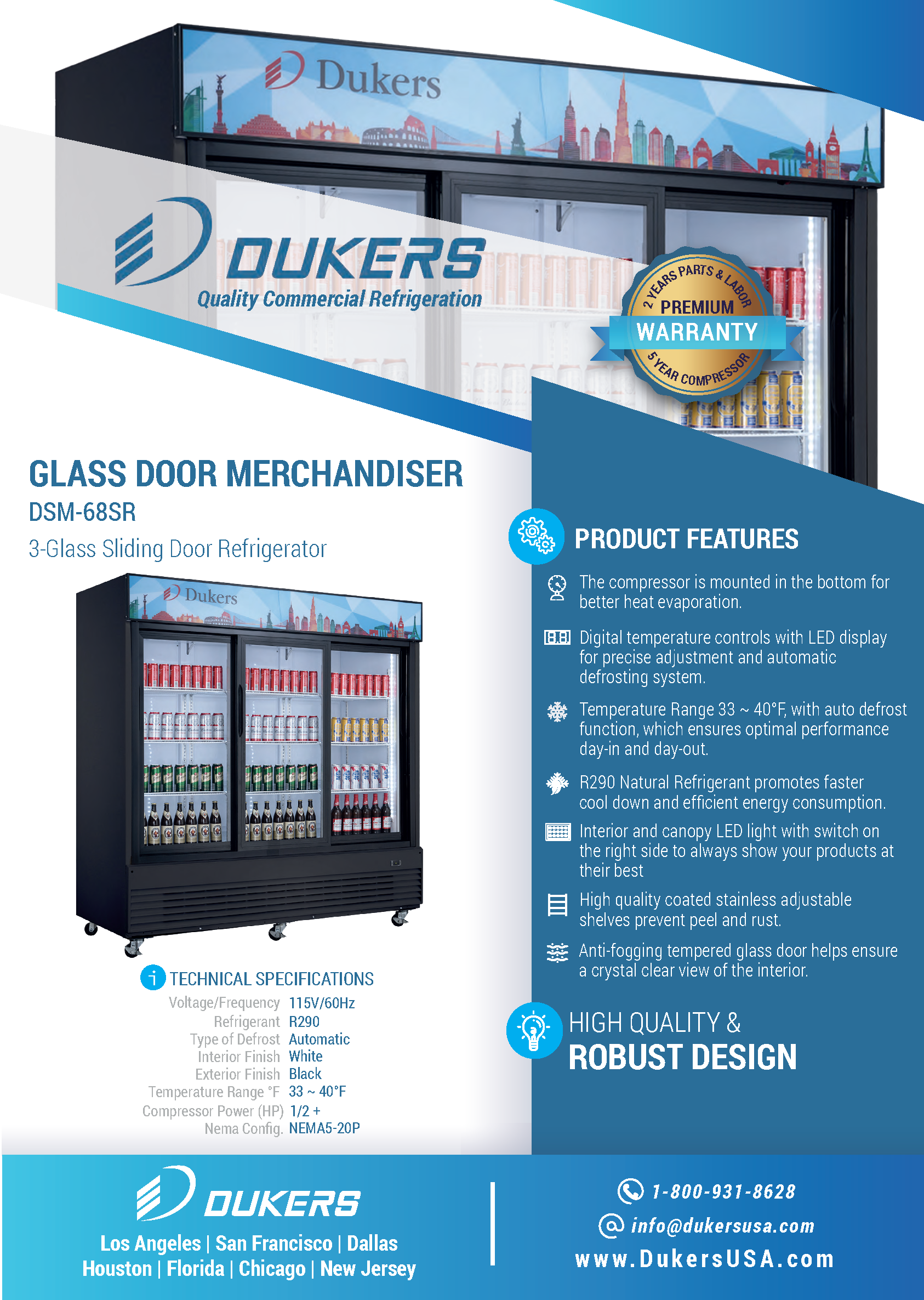Dukers DSM-68SR 78"W Sliding 3 Door Glass Merchandiser Refrigerator