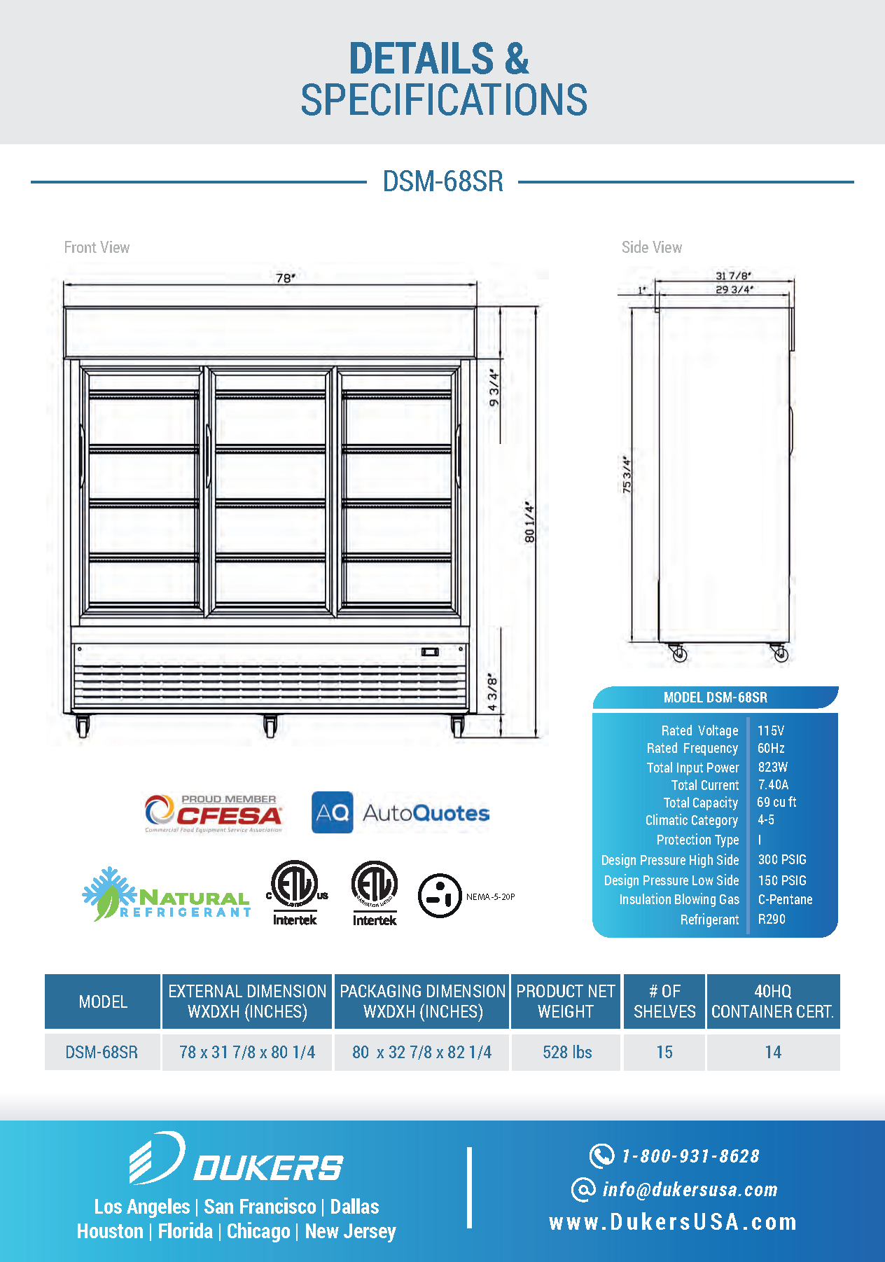 Dukers DSM-68SR 78"W Sliding 3 Door Glass Merchandiser Refrigerator