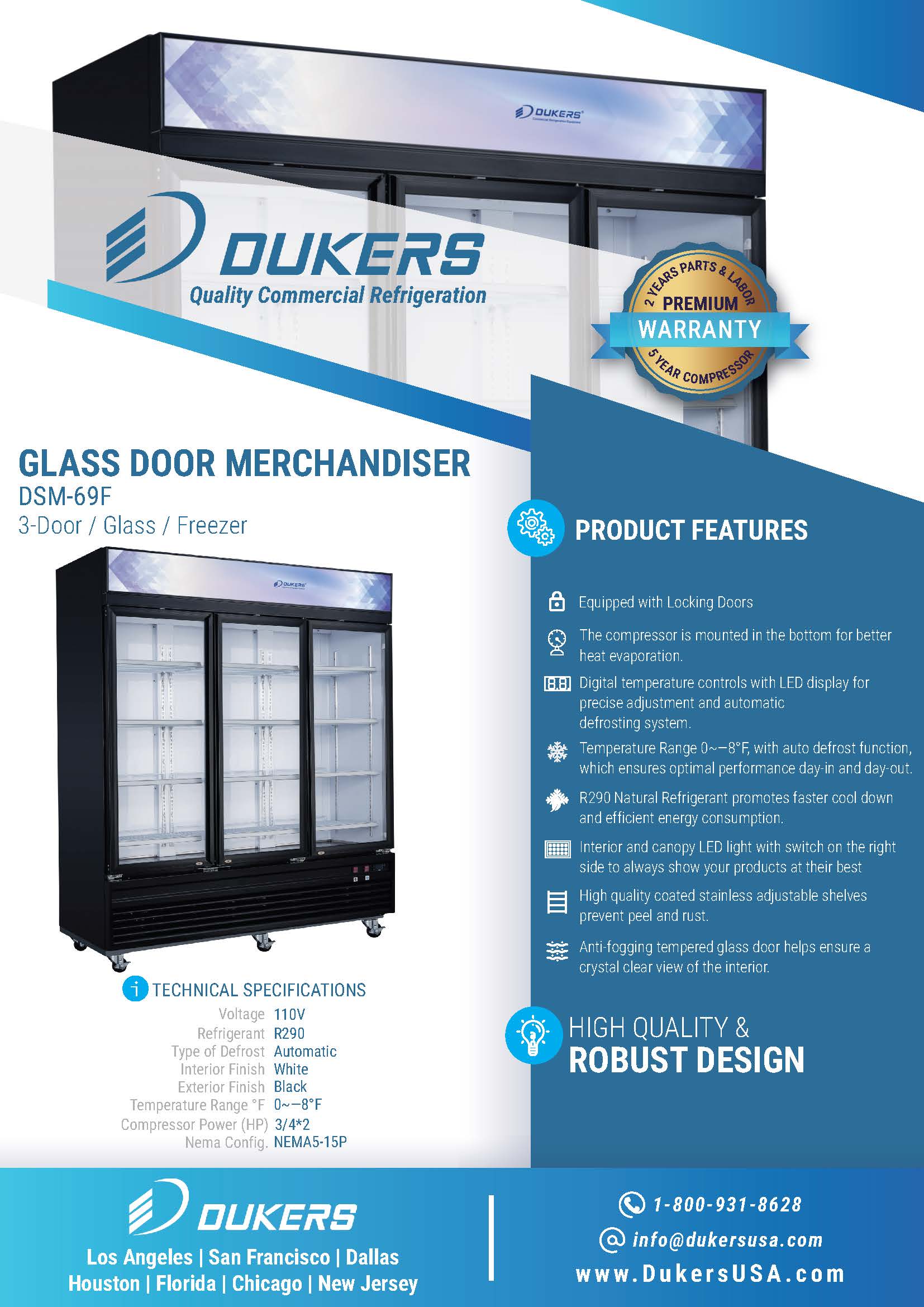 Dukers DSM-69F 78"W Swinging 3 Door Glass Merchandiser Freezer
