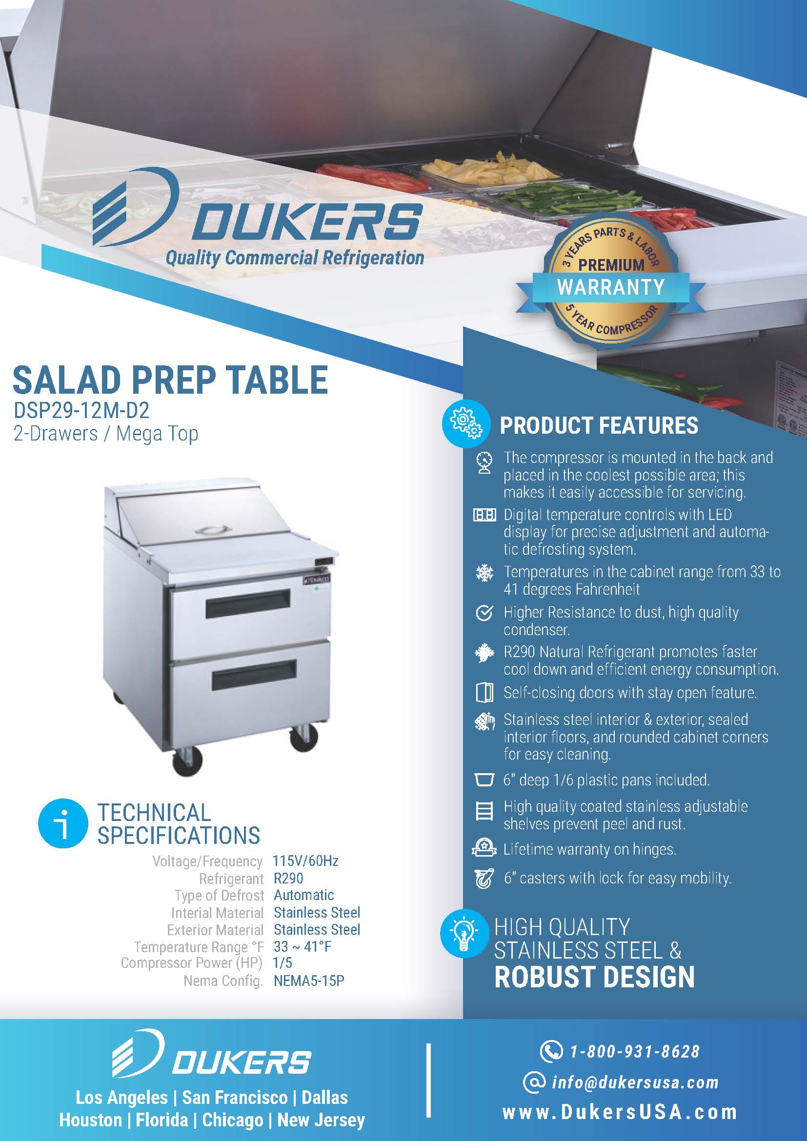 Dukers DSP29-12M-D2 29"W 2 Drawer Mega Top Refrigerated Prep Table