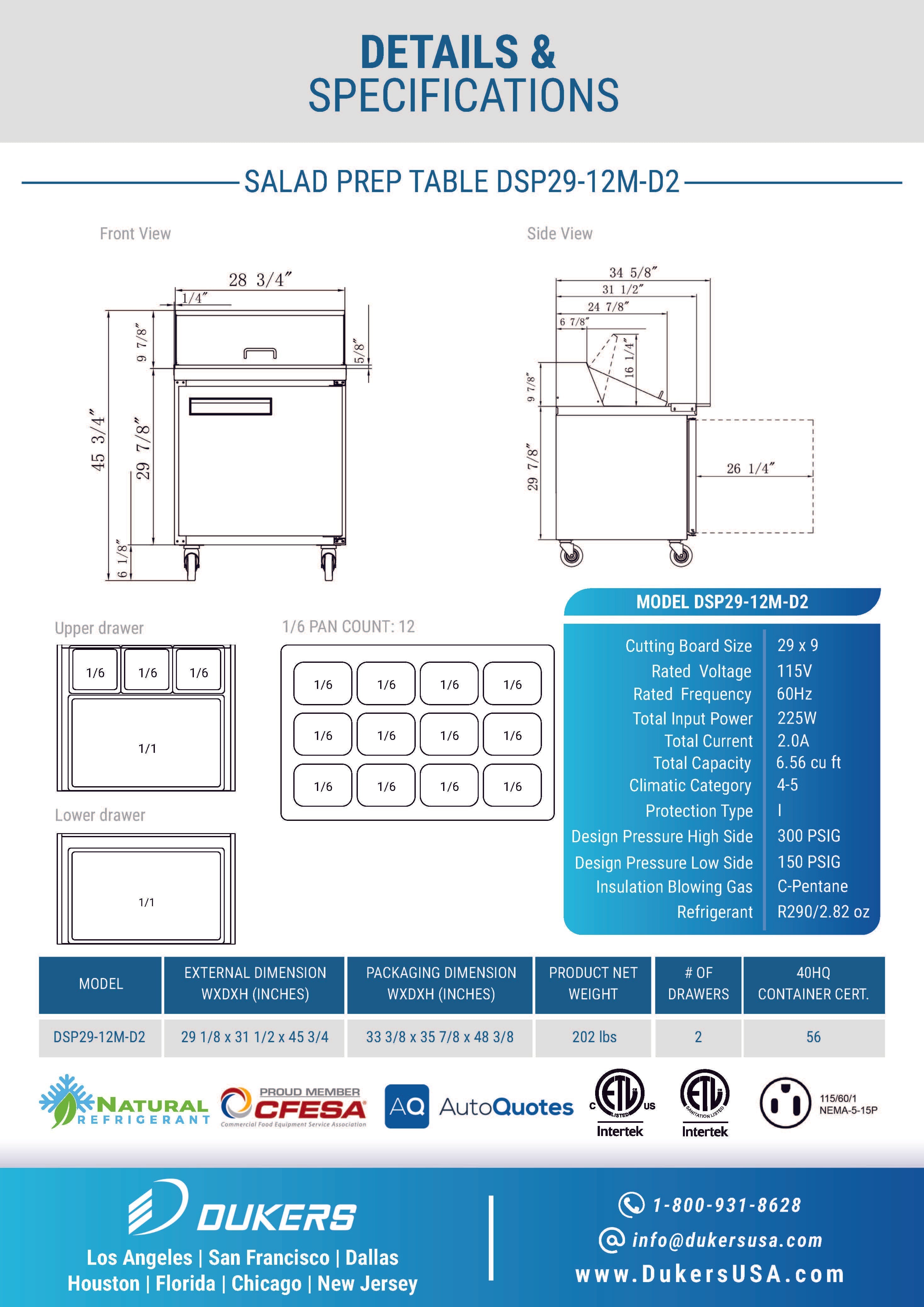 Dukers DSP29-12M-D2 29"W 2 Drawer Mega Top Refrigerated Prep Table