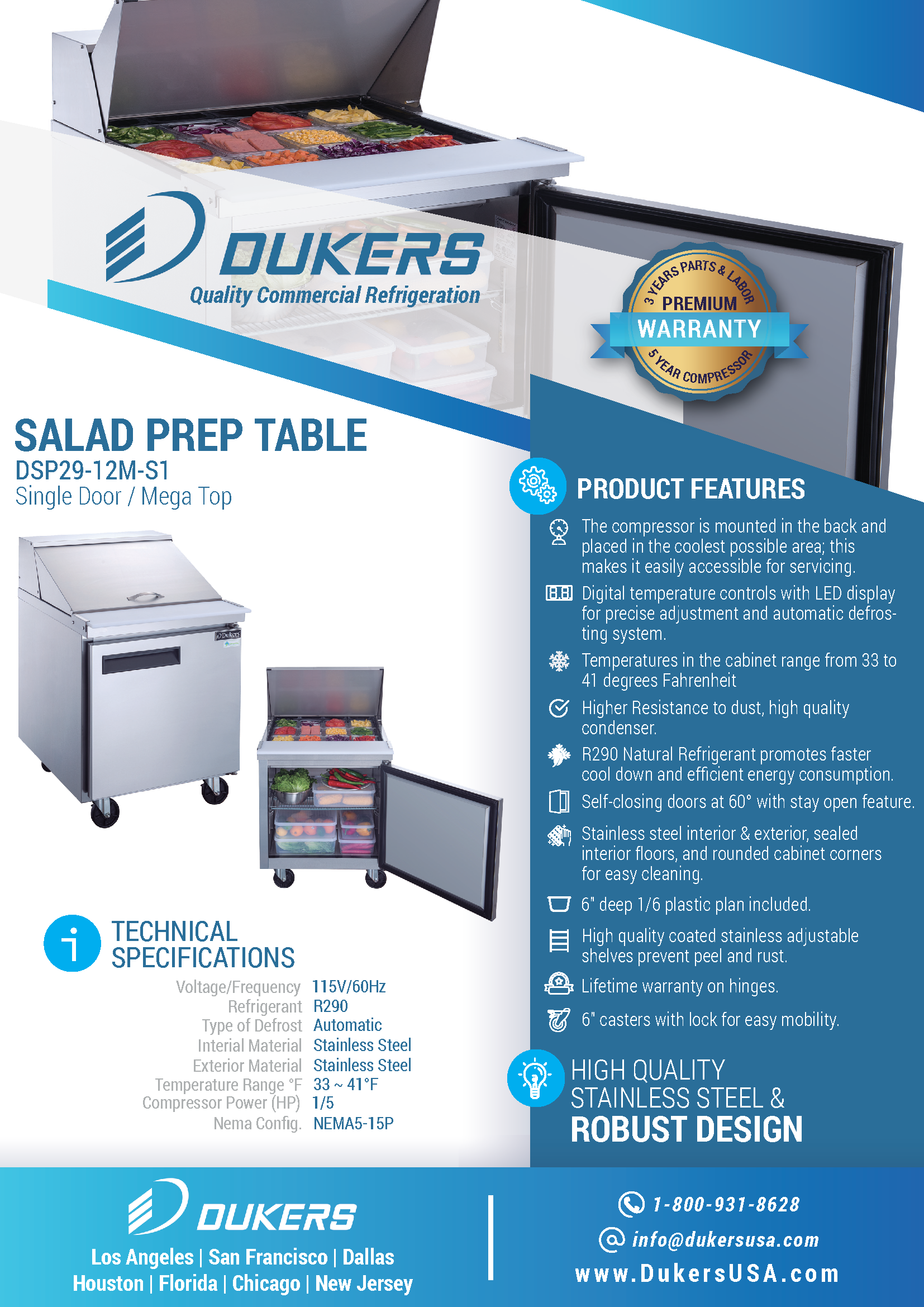 Dukers DSP29-12M-S1 29"W 1 Door Mega Top Refrigerated Prep Table