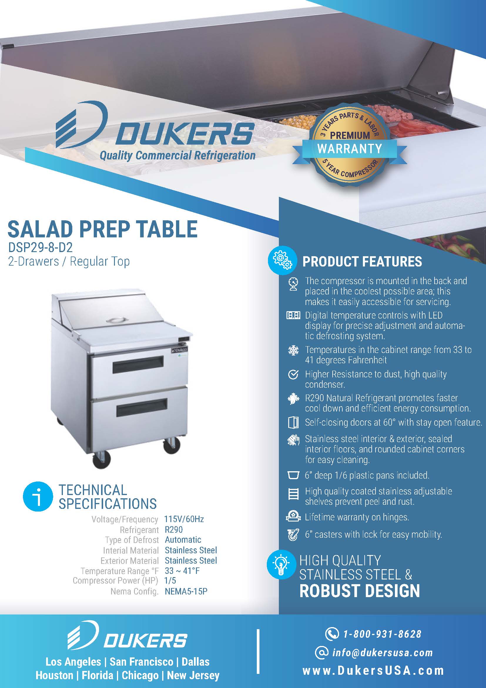Dukers DSP29-8-D2 29"W 2 Drawer Standard Top Refrigerated Prep Table