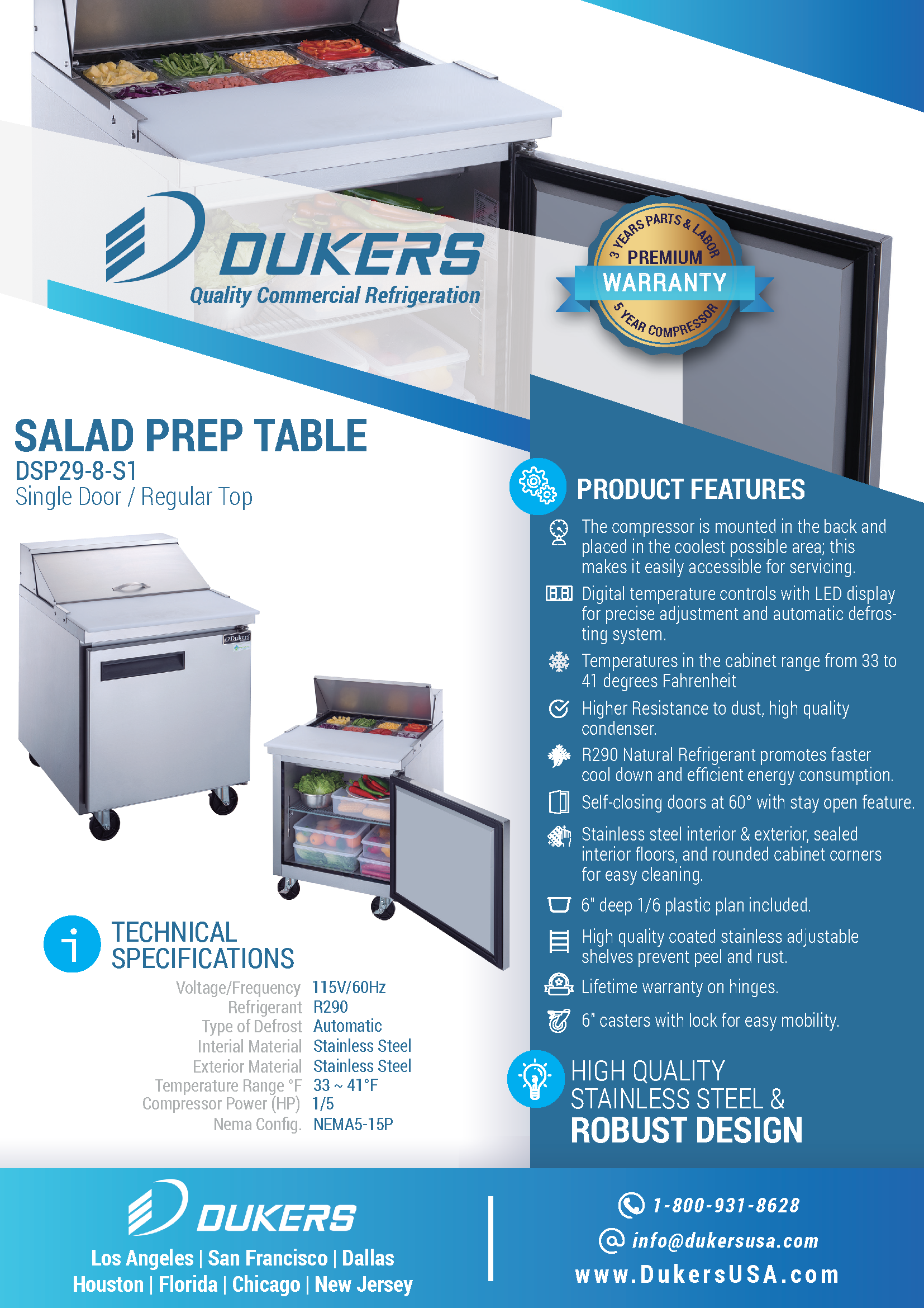 Dukers DSP29-8-S1 29"W 1 Door Standard Top Refrigerated Prep Table