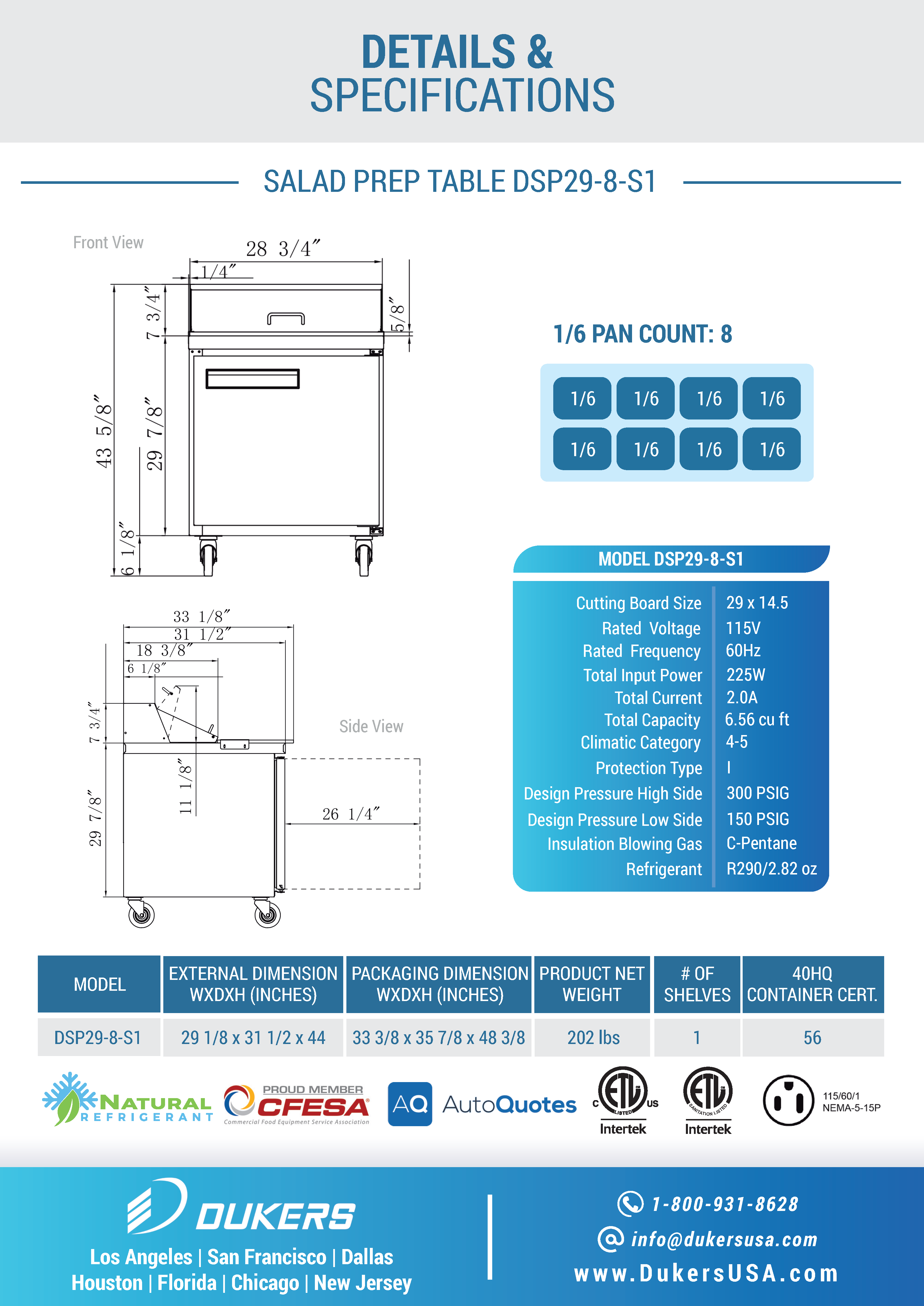 Dukers DSP29-8-S1 29"W 1 Door Standard Top Refrigerated Prep Table
