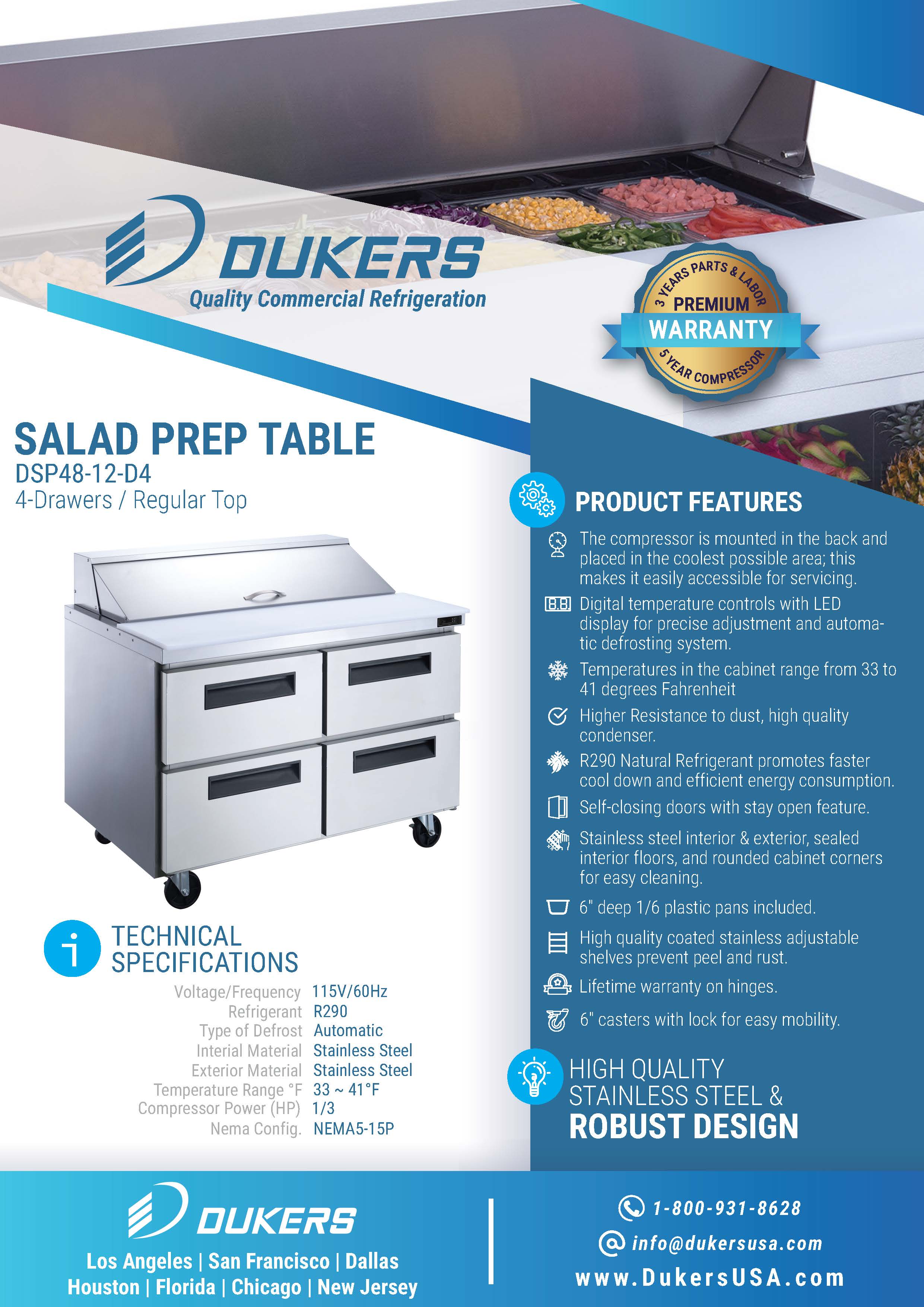 Dukers DSP48-12-D4 48"W 4 Drawer Standard Top Refrigerated Prep Table