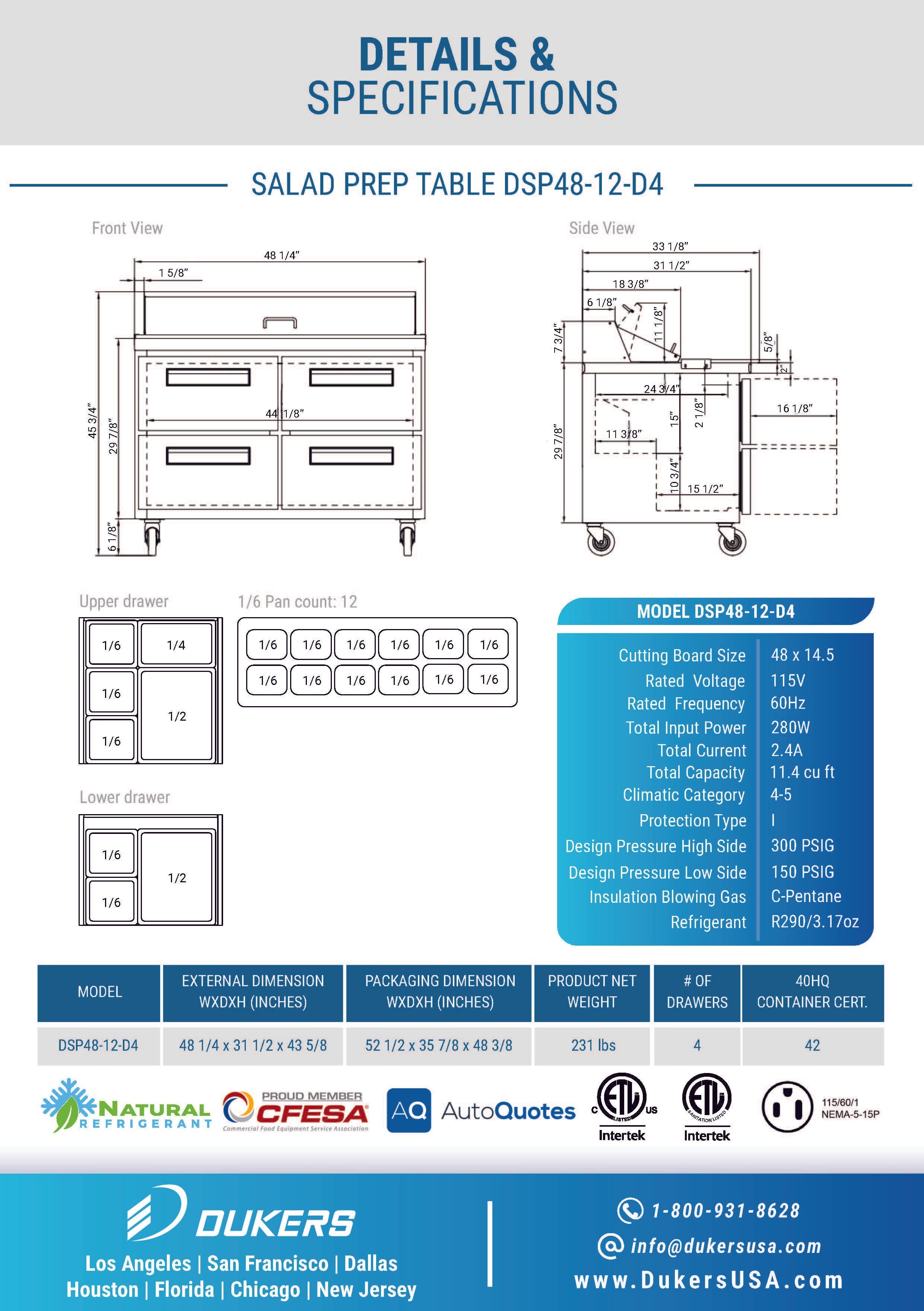 Dukers DSP48-12-D4 48"W 4 Drawer Standard Top Refrigerated Prep Table