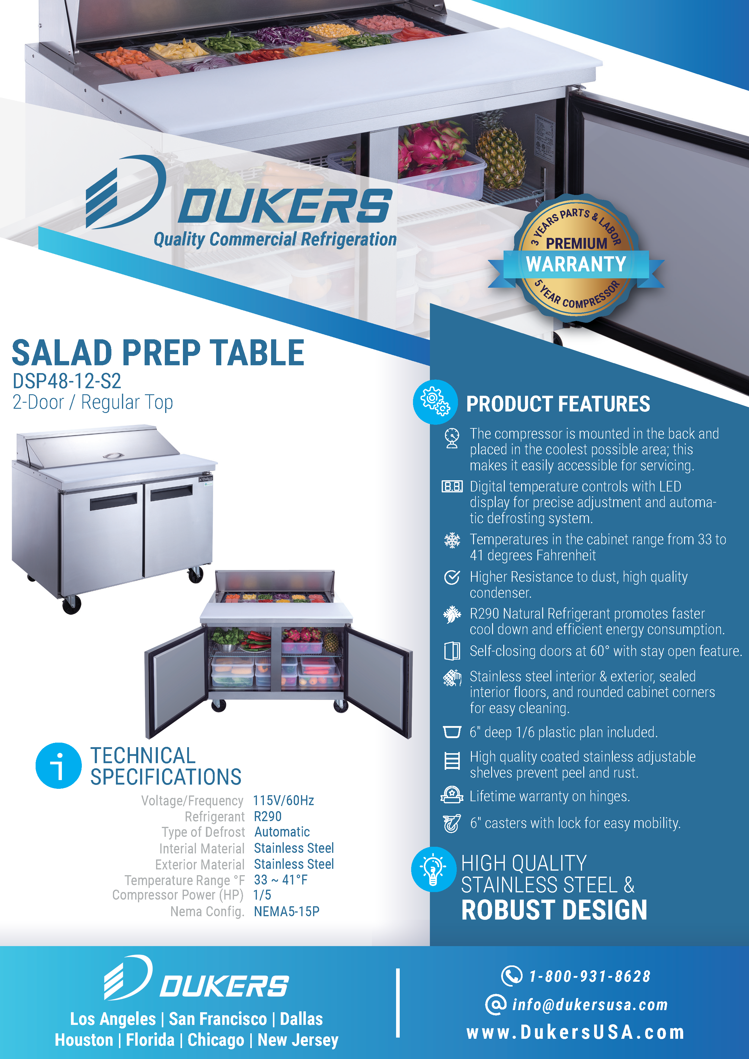 Dukers DSP48-12-S2 48"W 2 Door Standard Top Refrigerated Prep Table