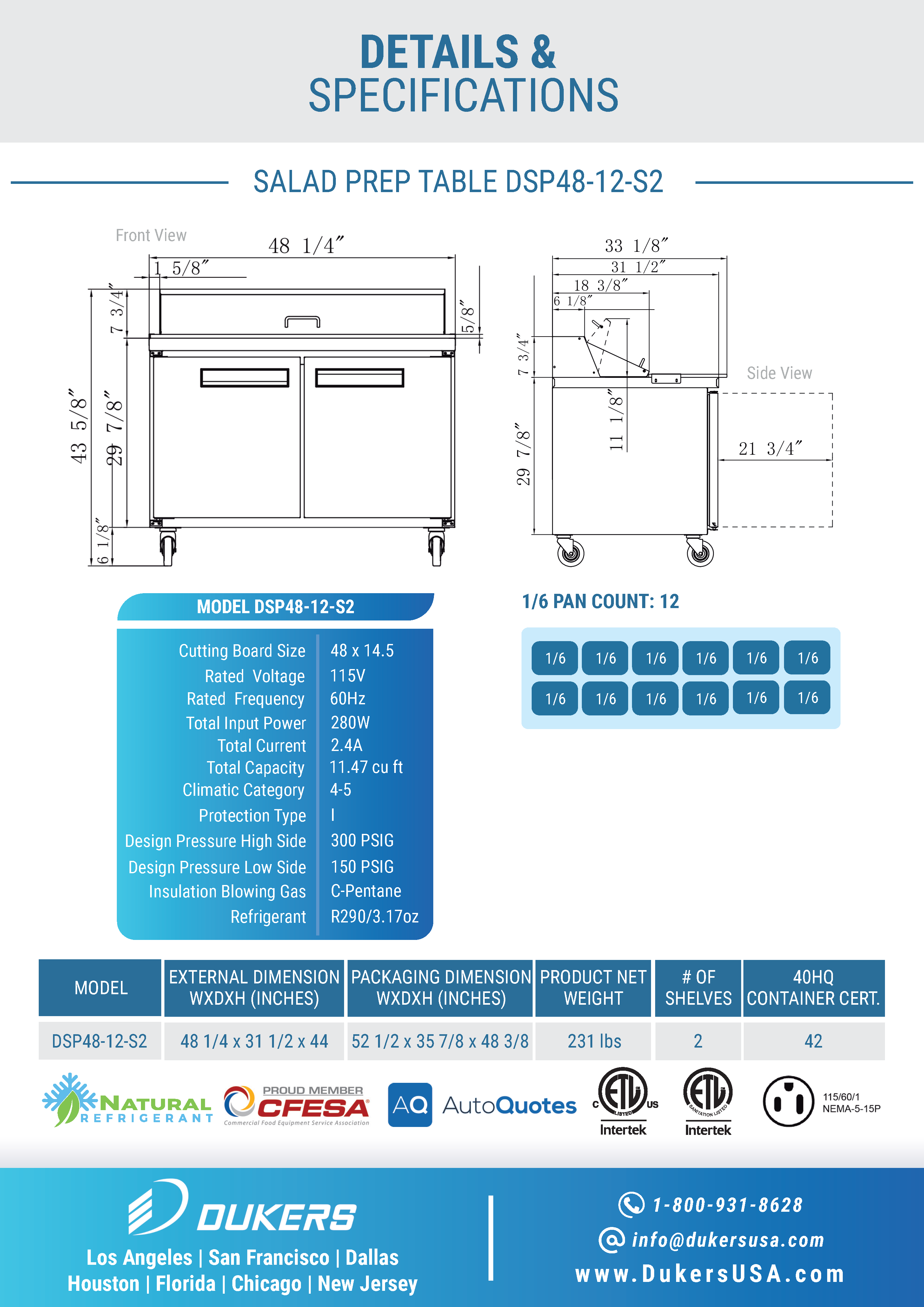 Dukers DSP48-12-S2 48"W 2 Door Standard Top Refrigerated Prep Table