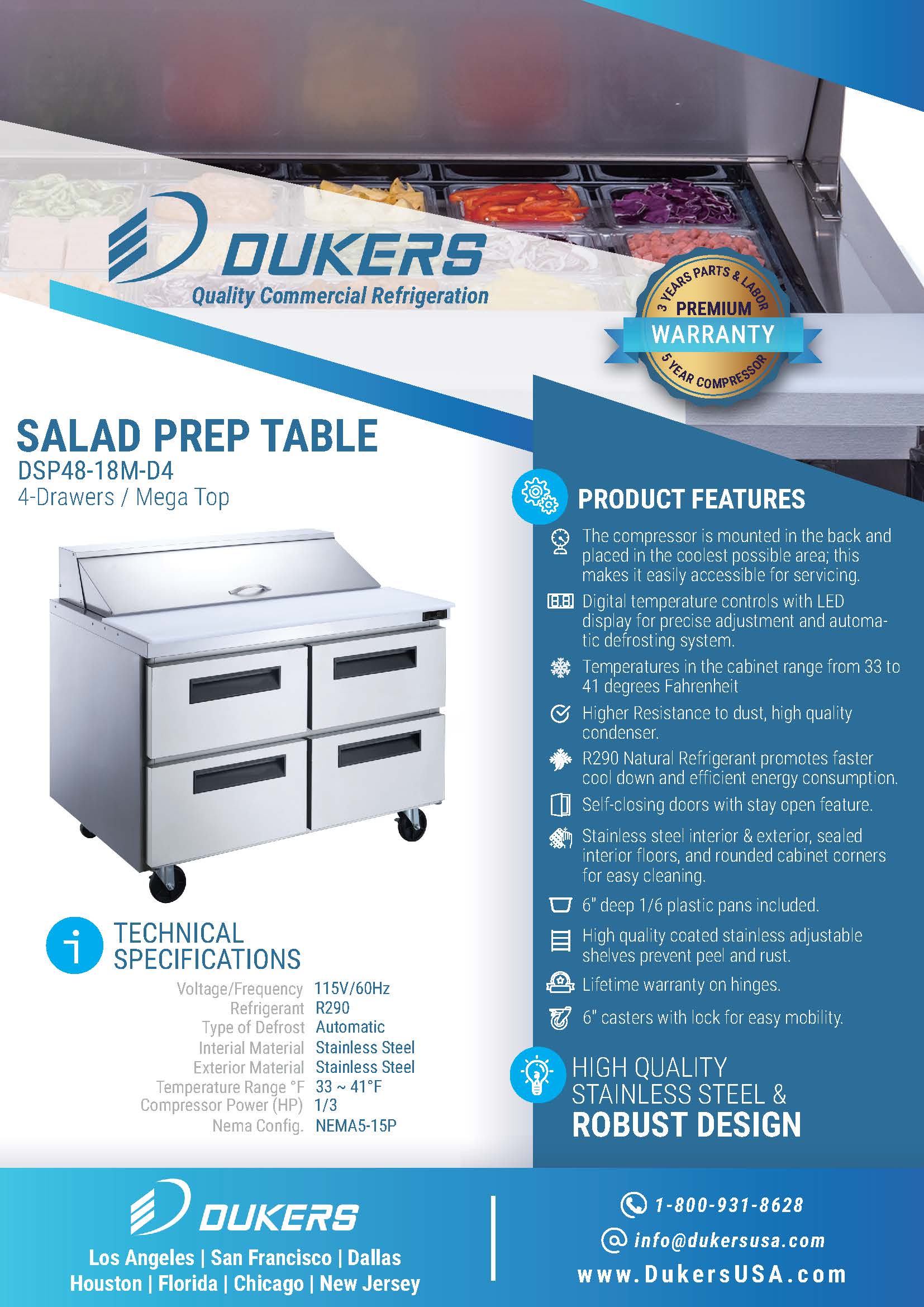 Dukers DSP48-18M-D4 48"W 4 Drawer Mega Top Refrigerated Prep Table