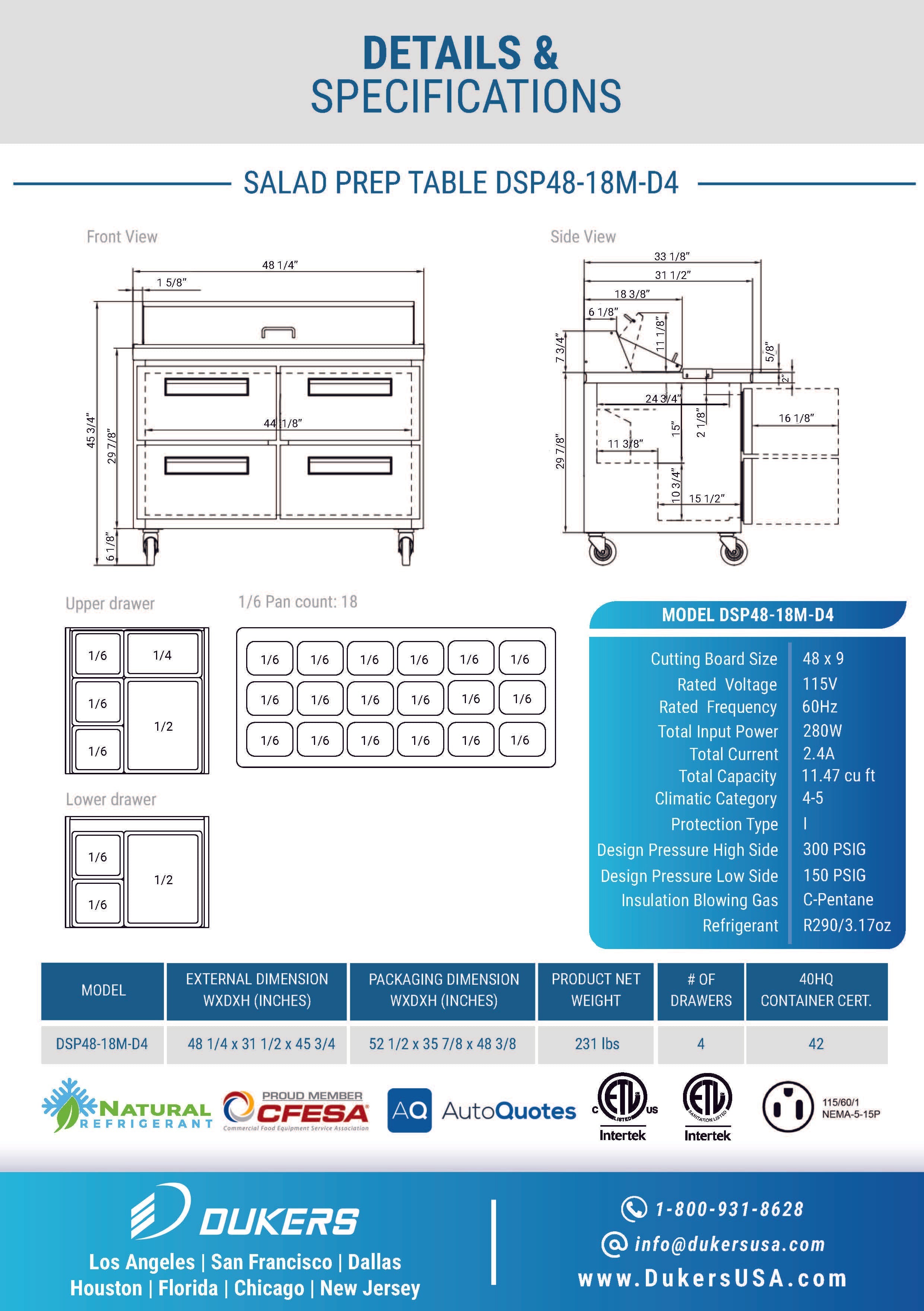 Dukers DSP48-18M-D4 48"W 4 Drawer Mega Top Refrigerated Prep Table