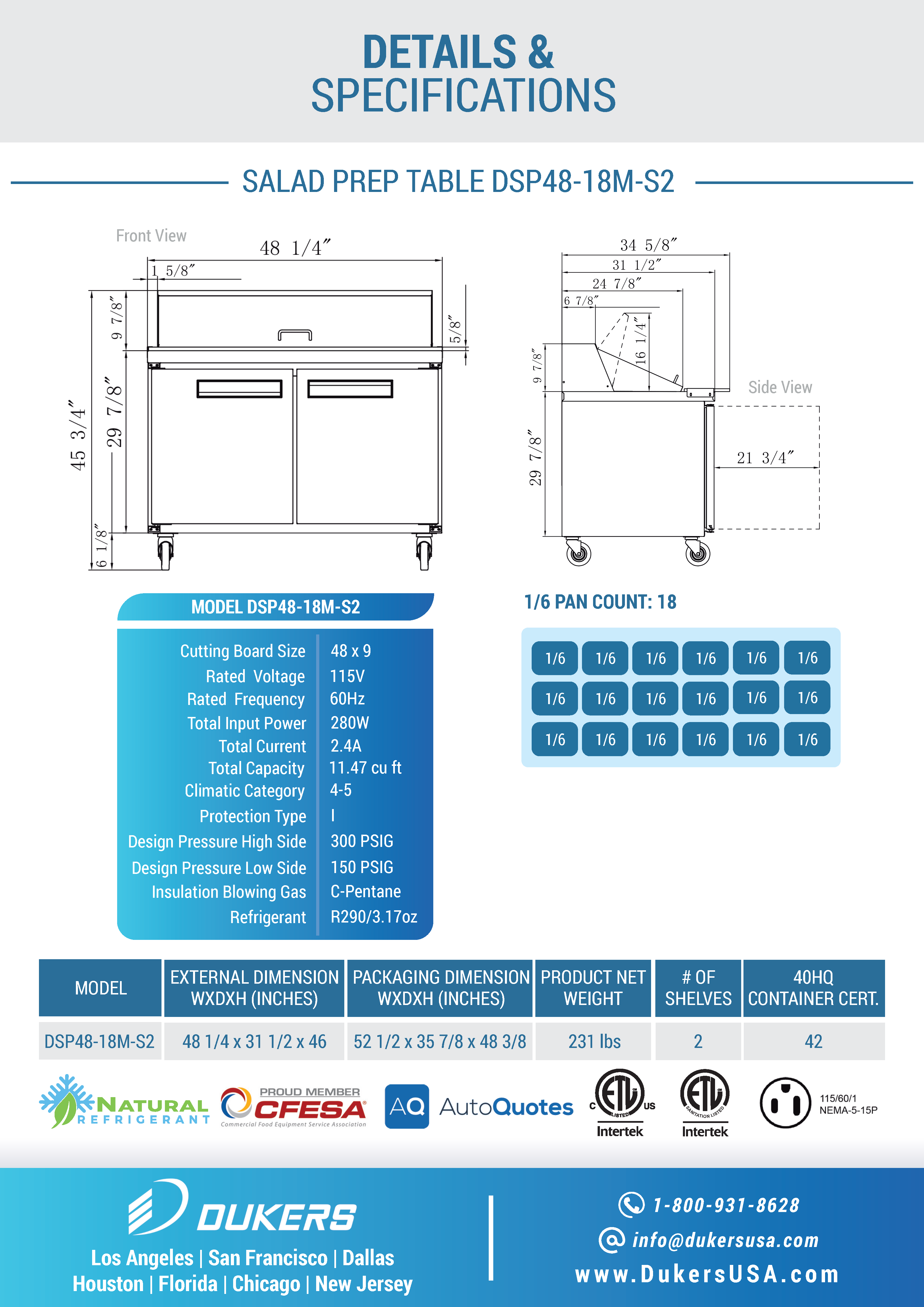 Dukers DSP48-18M-S2 48"W 2 Door Mega Top Refrigerated Prep Table