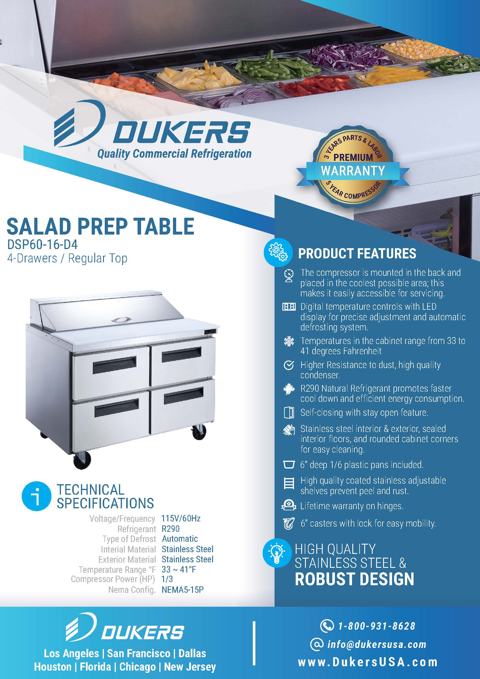Dukers DSP60-16-D4 60"W 4 Drawer Standard Top Refrigerated Prep Table