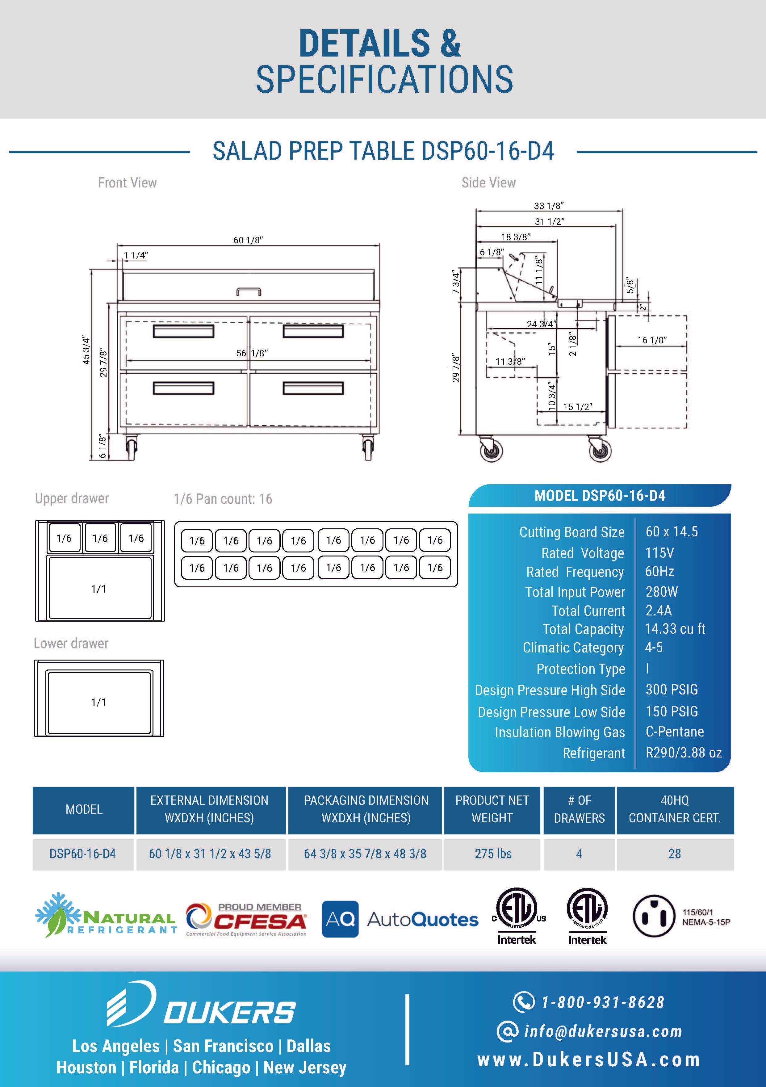 Dukers DSP60-16-D4 60"W 4 Drawer Standard Top Refrigerated Prep Table